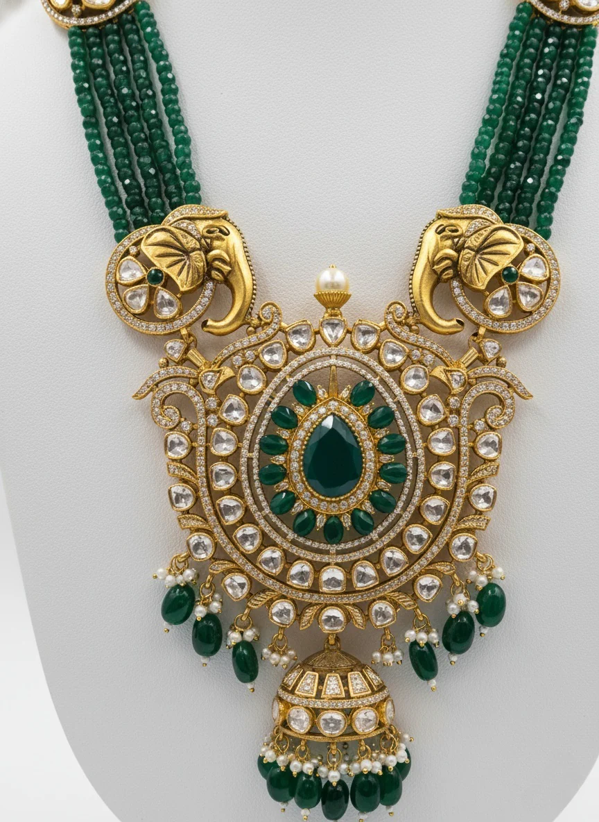 Emerald Green Beaded Temple Necklace Set with Elephant Motif & Kundan Pendant - Image 2