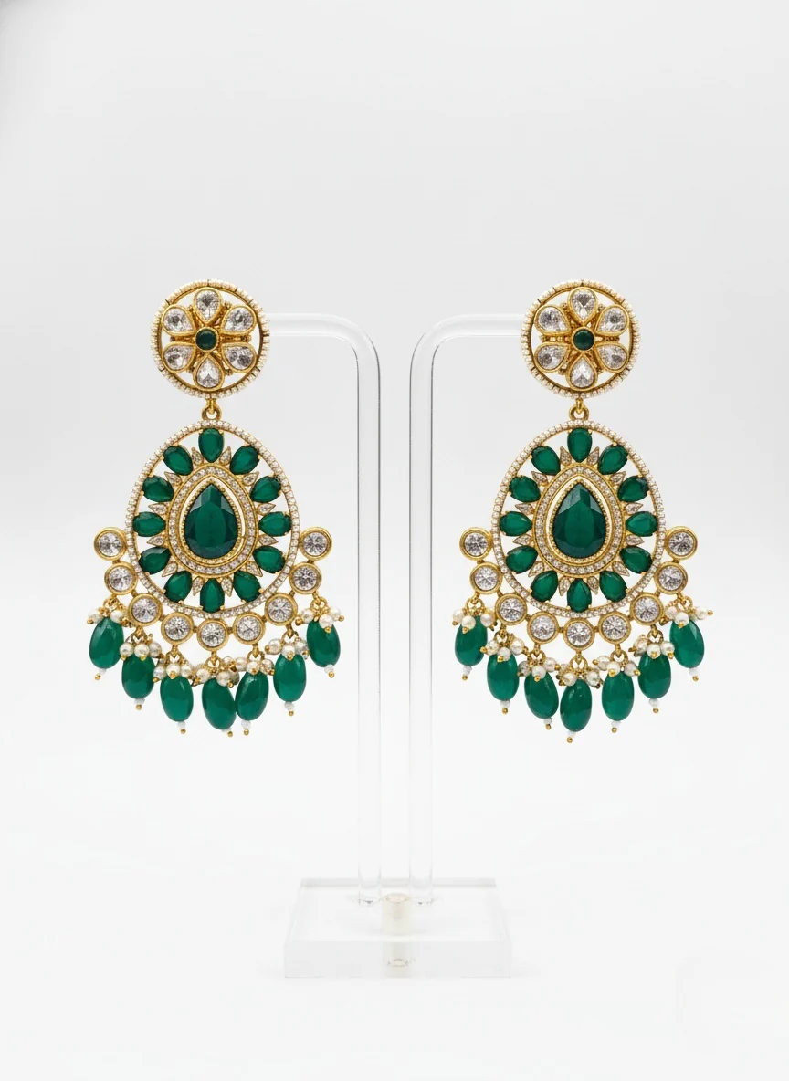 Emerald Green Beaded Temple Necklace Set with Elephant Motif & Kundan Pendant - Image 3