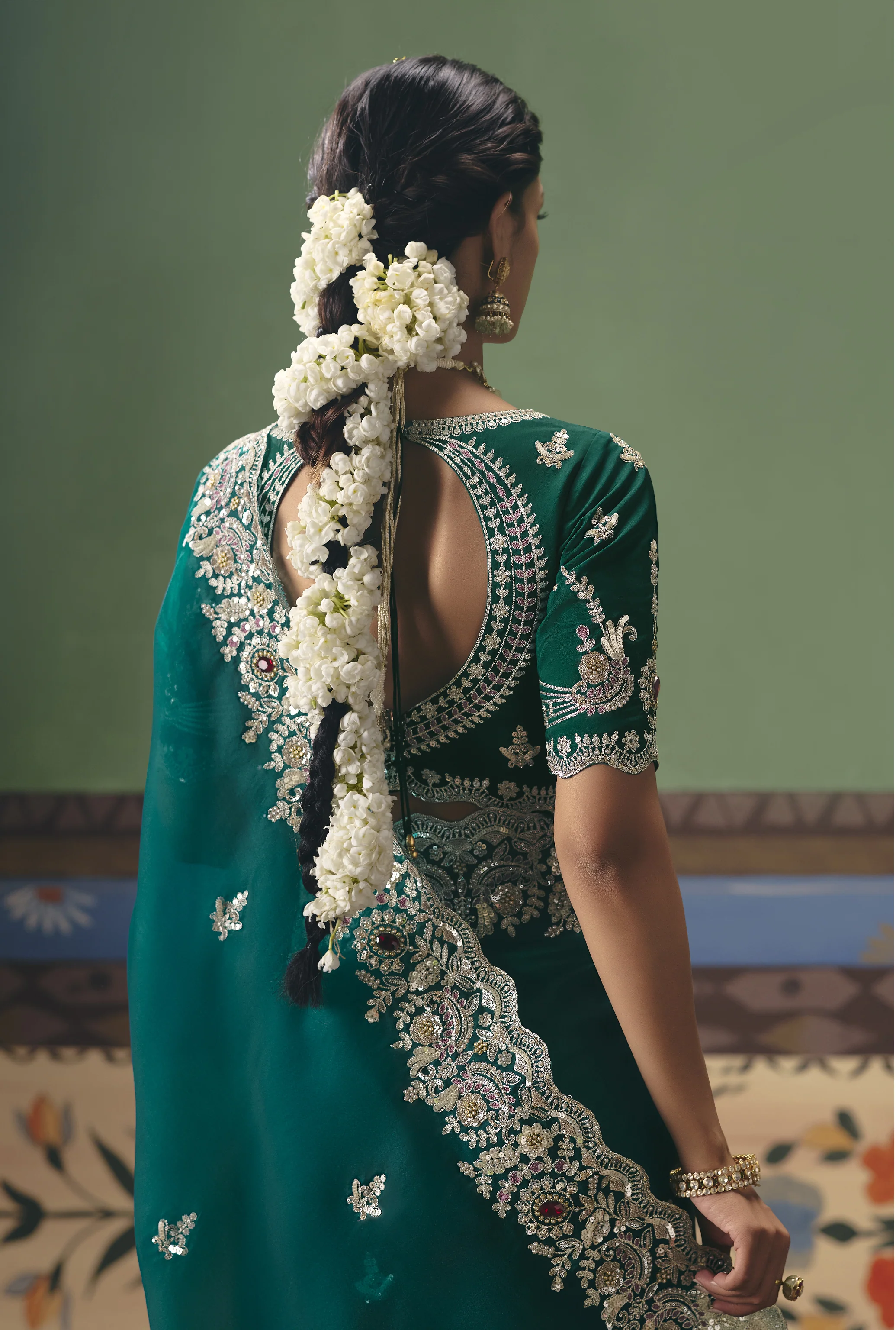 Emerald Green Designer Embroidered Saree with Blouse - Image 3