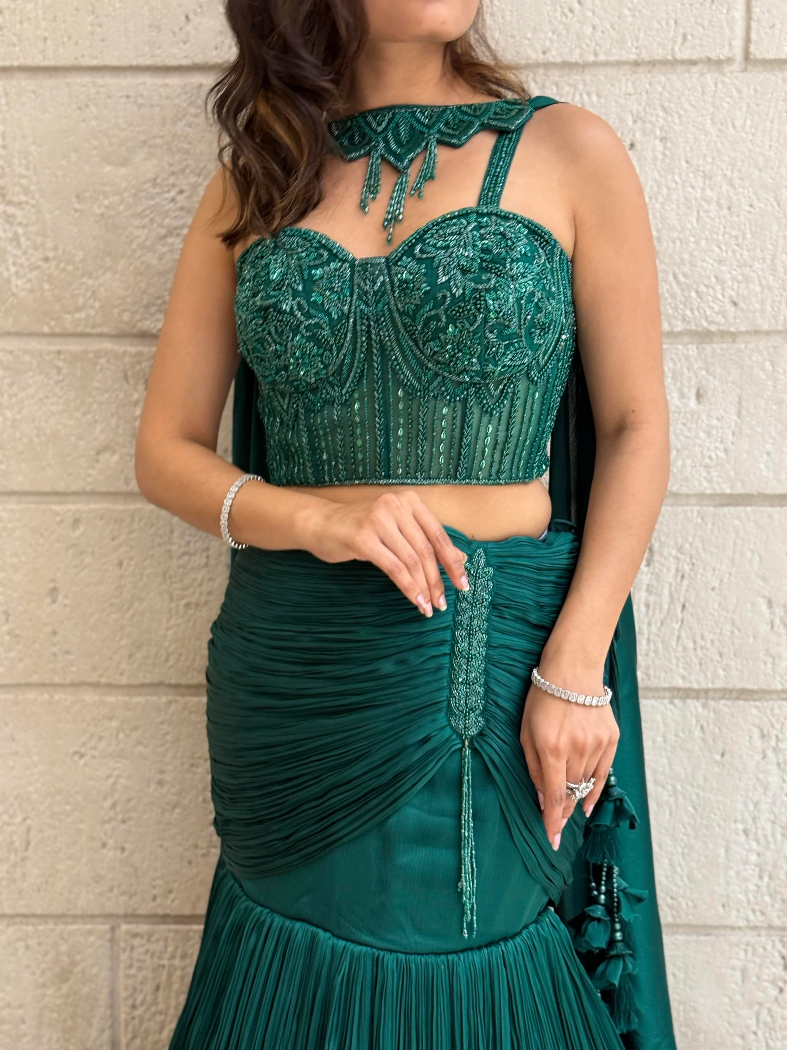 Emerald Green Designer Indo-Western Pleated Corset Blouse Lehenga with Hand-Embroidered Bustier - Image 2