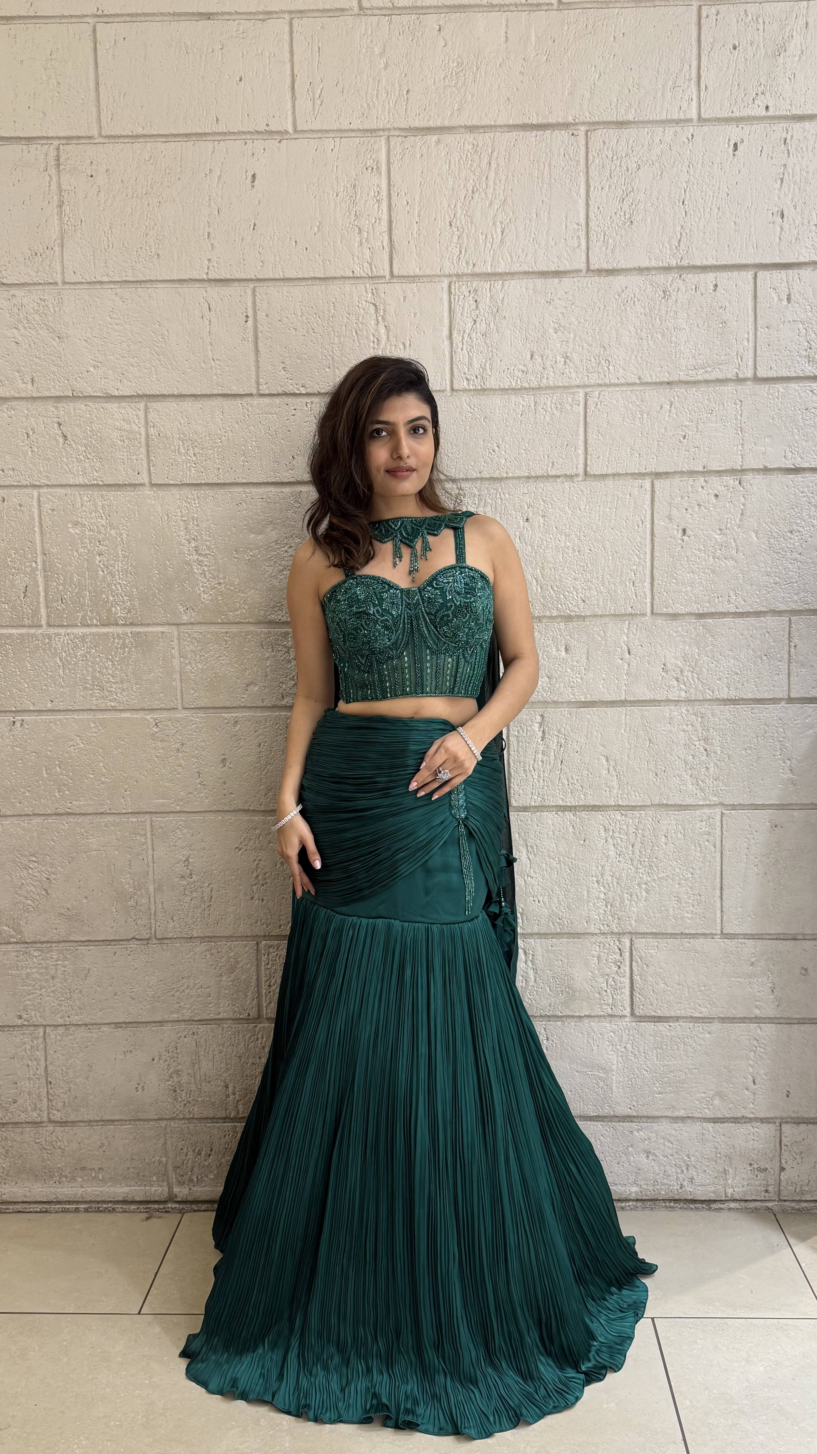Emerald Green Designer Indo-Western Pleated Corset Blouse Lehenga with Hand-Embroidered Bustier - Image 3