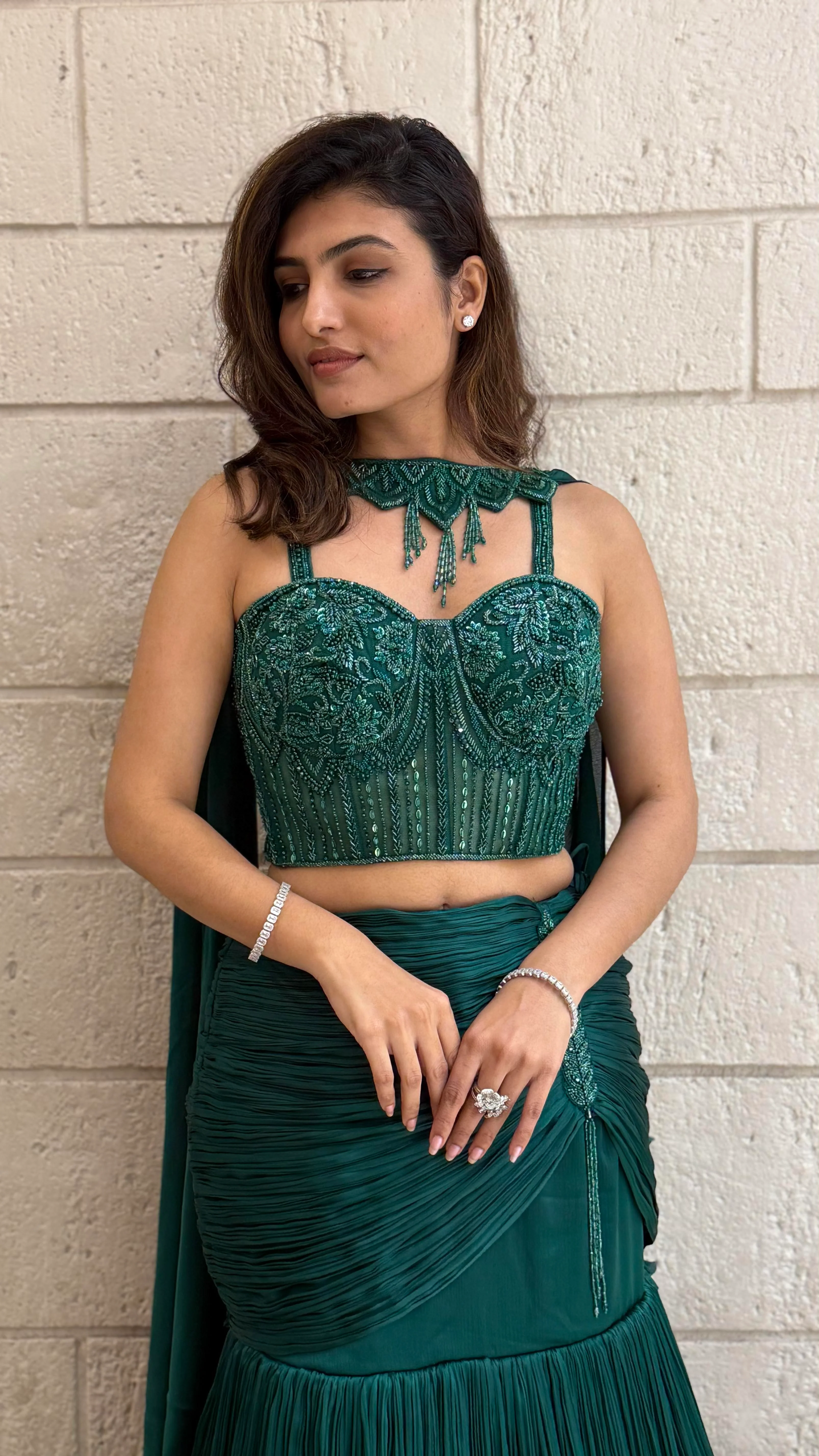 Emerald Green Designer Indo-Western Pleated Corset Blouse Lehenga with Hand-Embroidered Bustier - Image 4