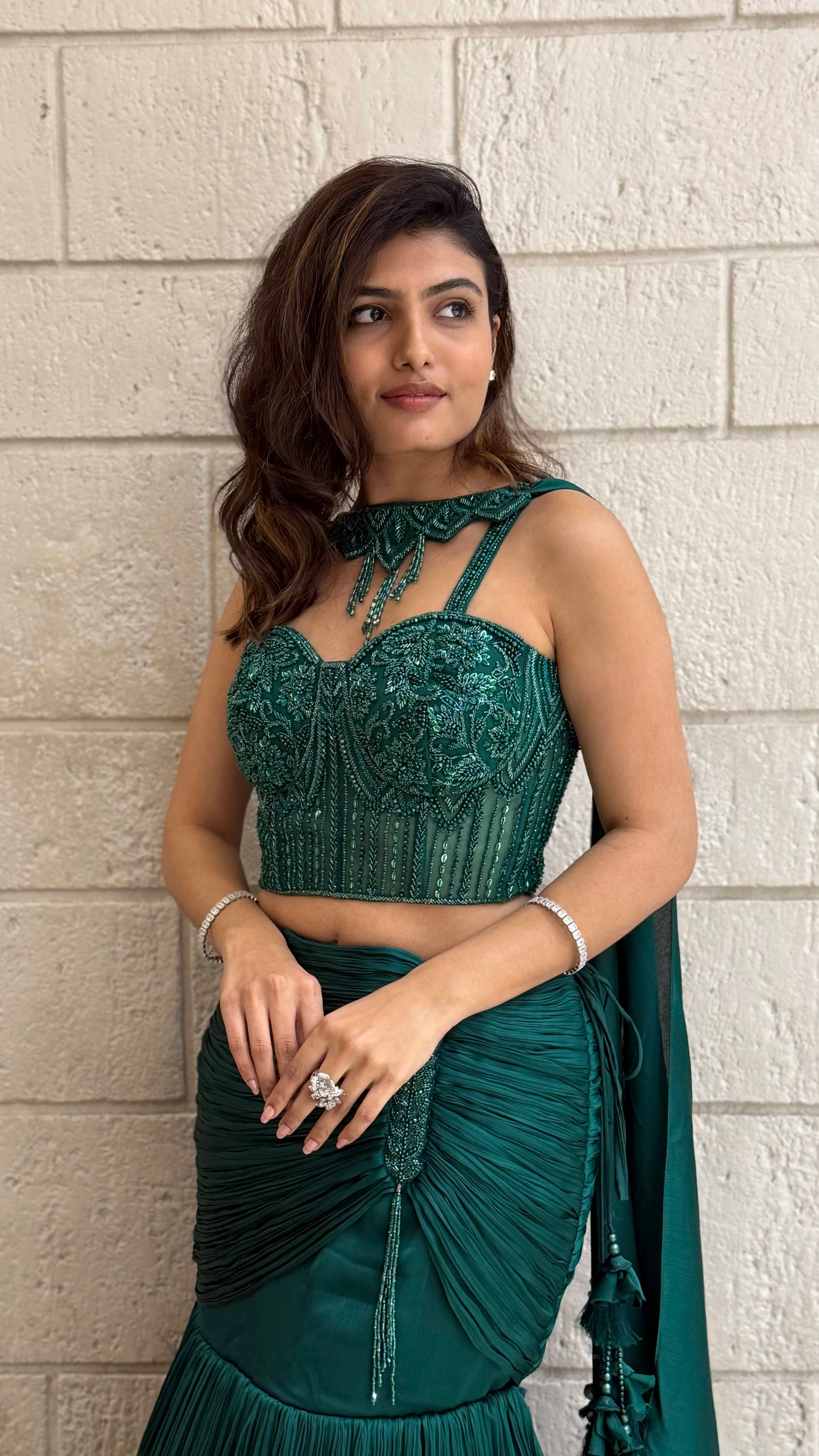 Emerald Green Designer Indo-Western Pleated Corset Blouse Lehenga with Hand-Embroidered Bustier - Image 5