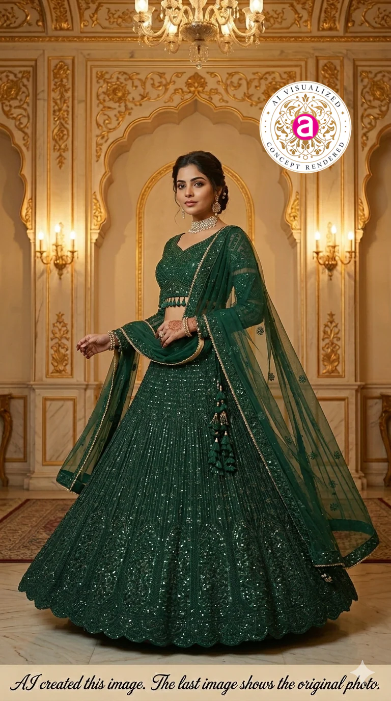 Emerald Green Designer Lehenga Set with Sequins Embellished Blouse and Net Dupatta - Image 2