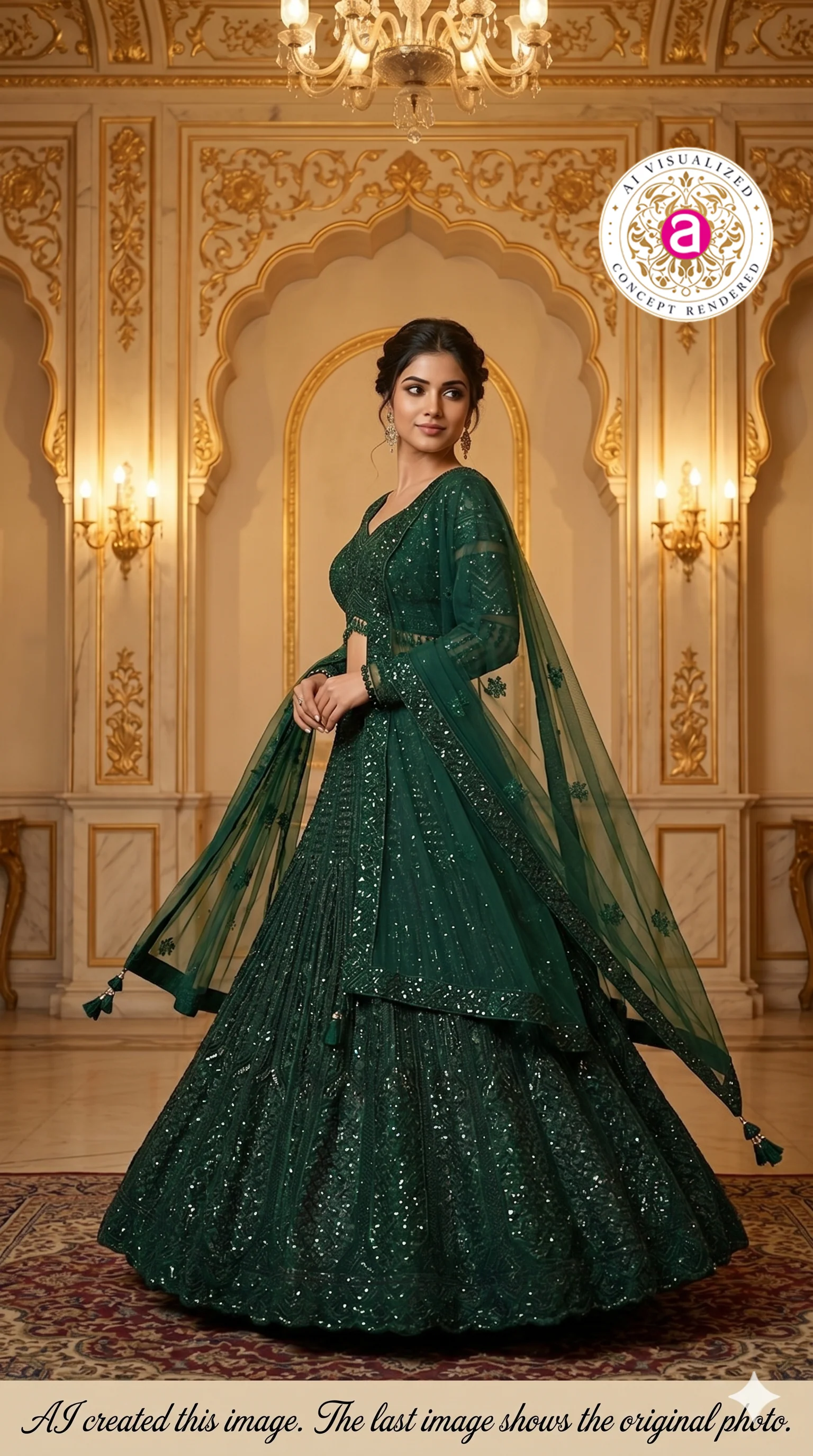 Emerald Green Designer Lehenga Set with Sequins Embellished Blouse and Net Dupatta - Image 3