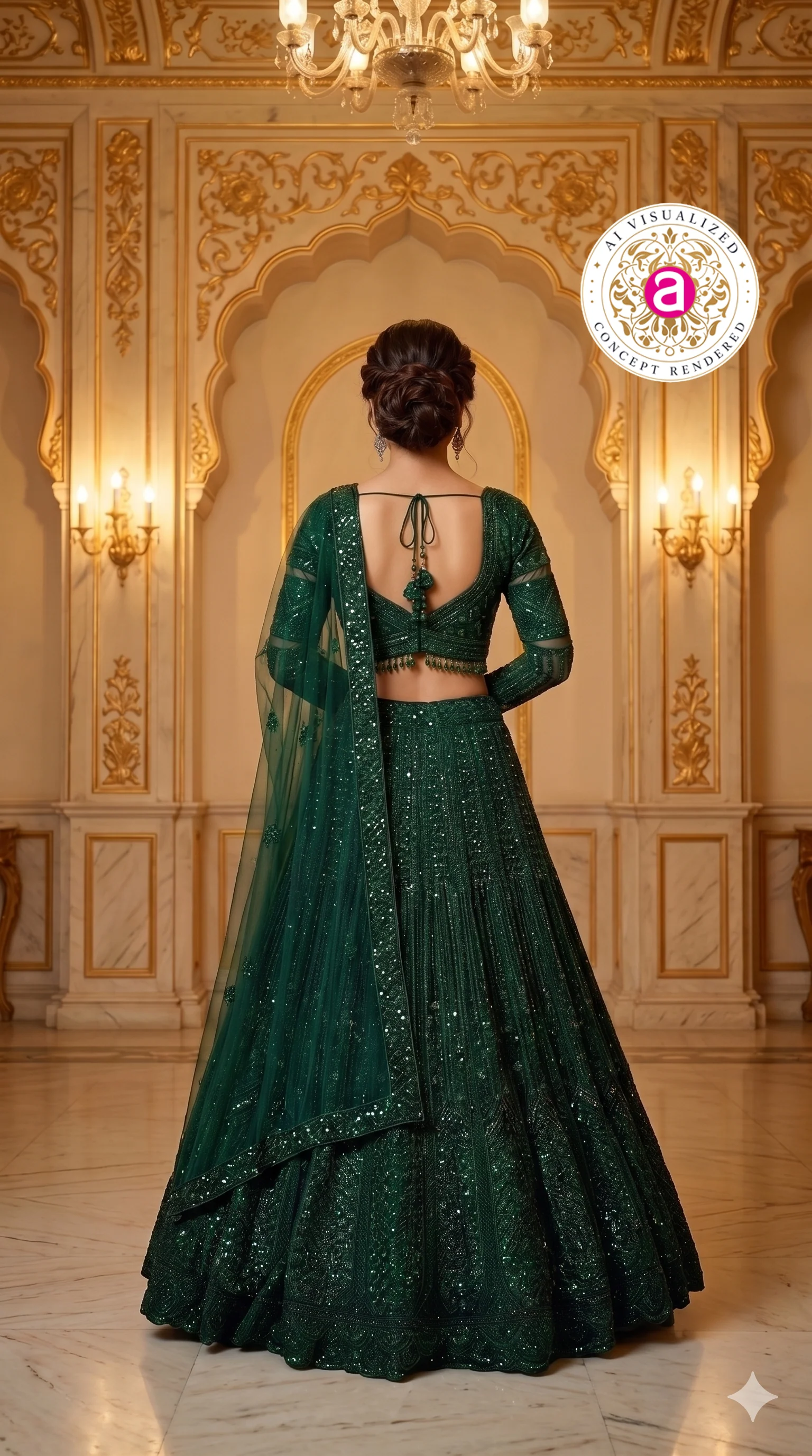 Emerald Green Designer Lehenga Set with Sequins Embellished Blouse and Net Dupatta - Image 4