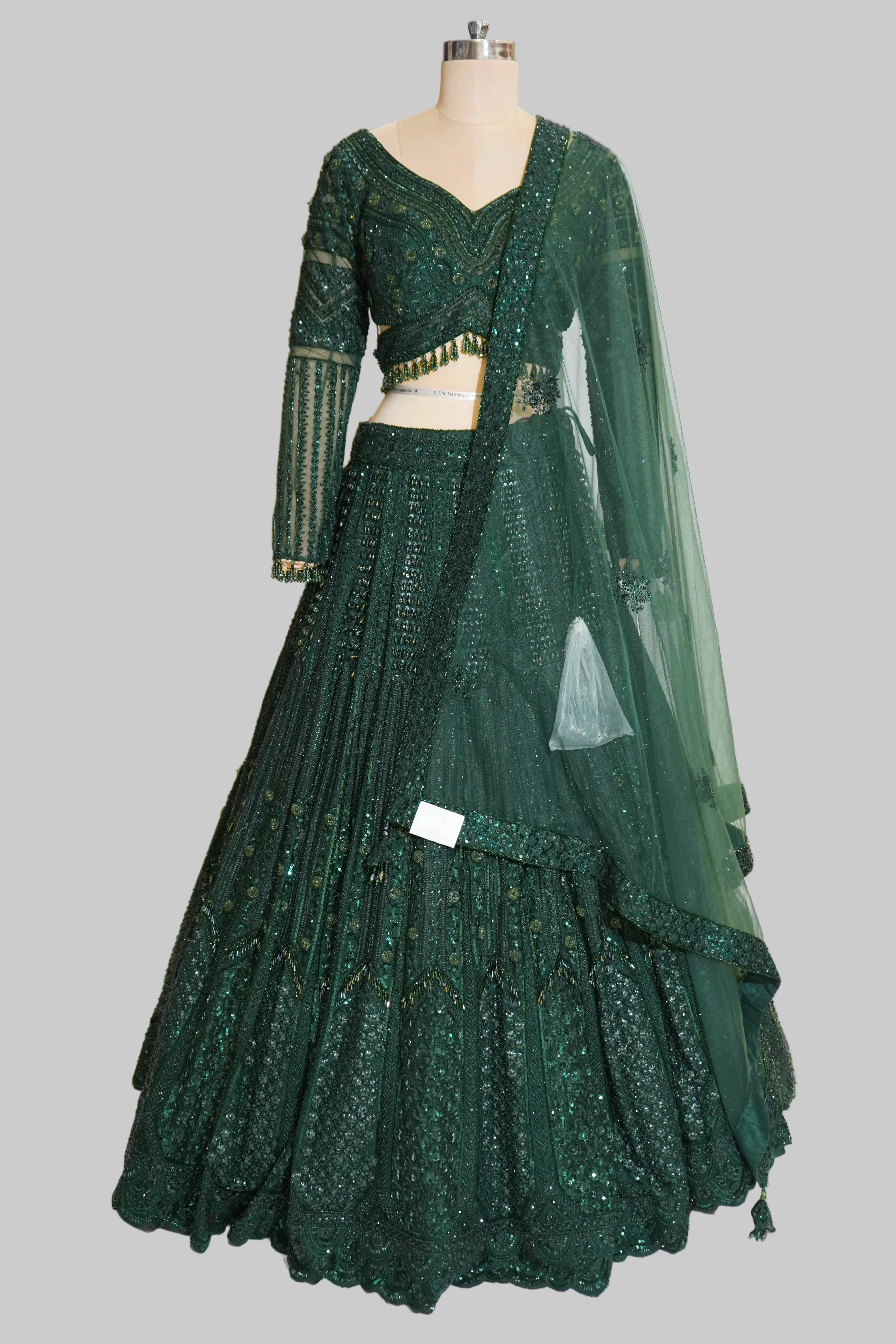 Emerald Green Designer Lehenga Set with Sequins Embellished Blouse and Net Dupatta - Image 5