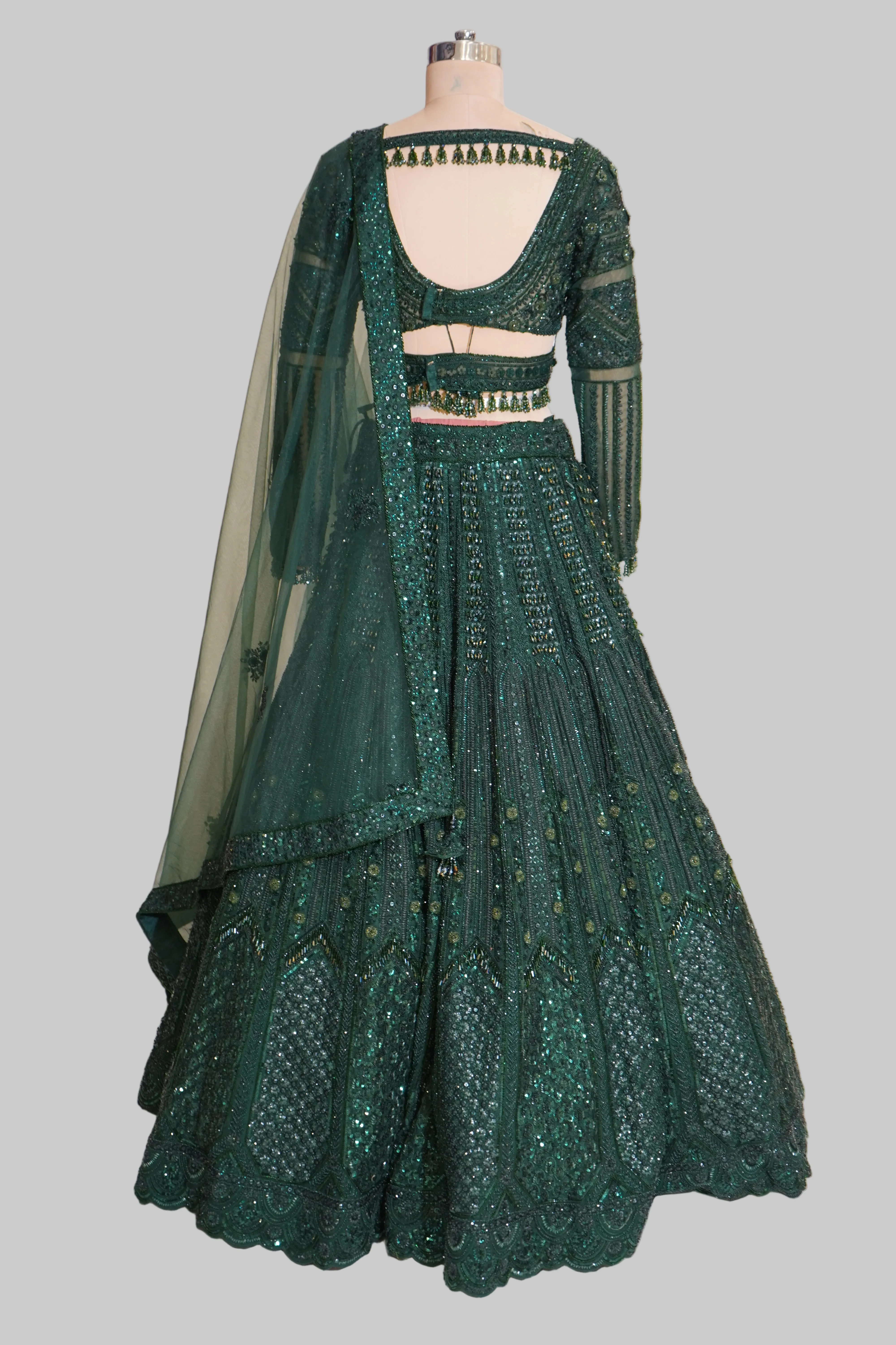 Emerald Green Designer Lehenga Set with Sequins Embellished Blouse and Net Dupatta - Image 6