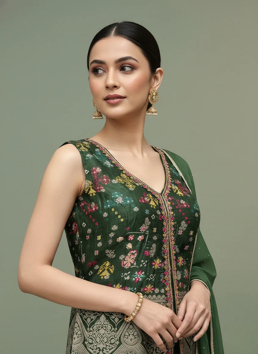 Emerald Green Embroidered Top with Flared Palazzo & Dupatta Set - Image 2