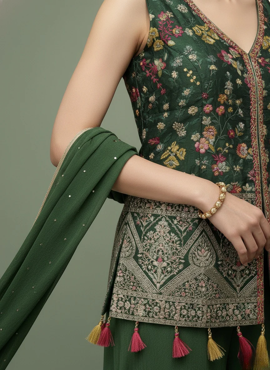 Emerald Green Embroidered Top with Flared Palazzo & Dupatta Set - Image 3
