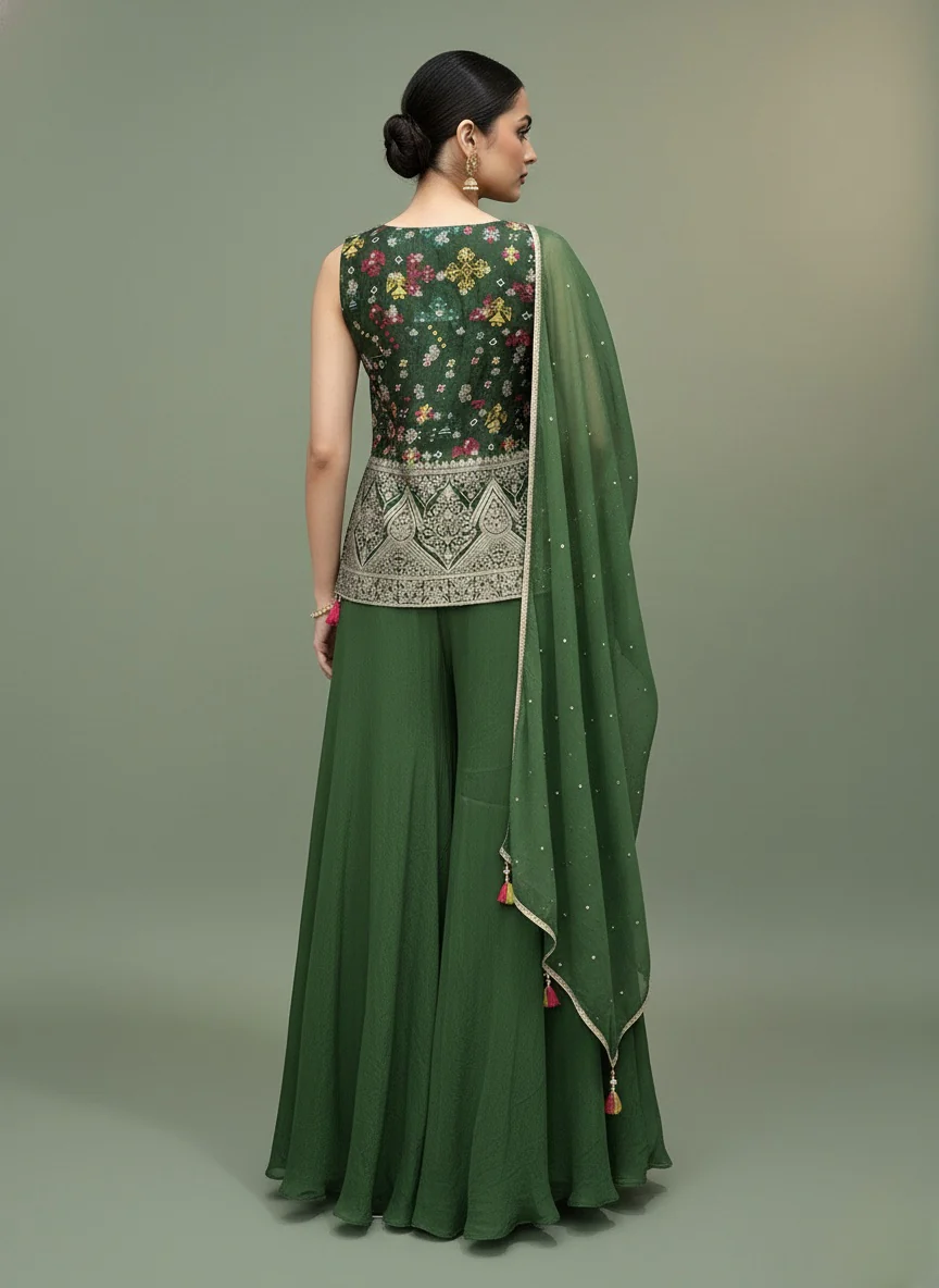 Emerald Green Embroidered Top with Flared Palazzo & Dupatta Set - Image 4