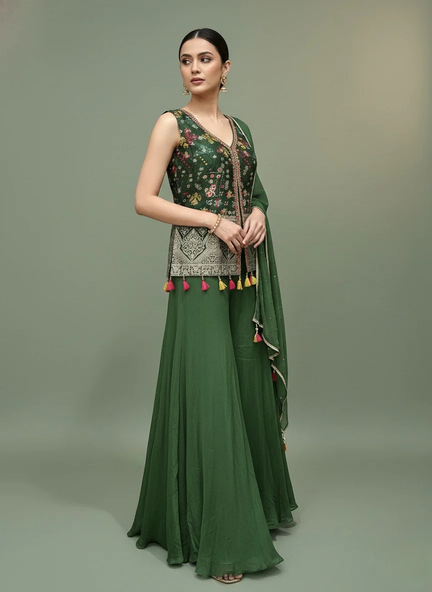Emerald Green Embroidered Top with Flared Palazzo & Dupatta Set - Image 5