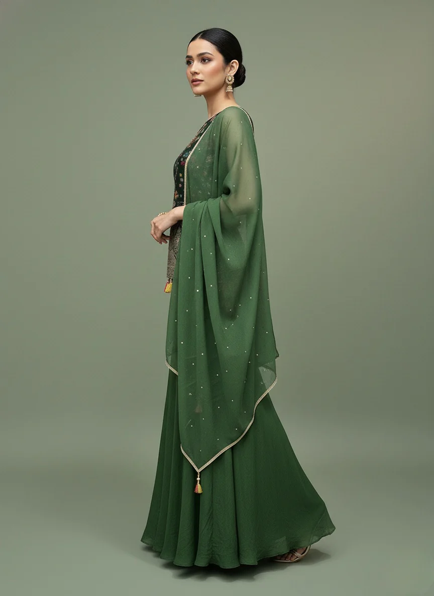 Emerald Green Embroidered Top with Flared Palazzo & Dupatta Set - Image 6
