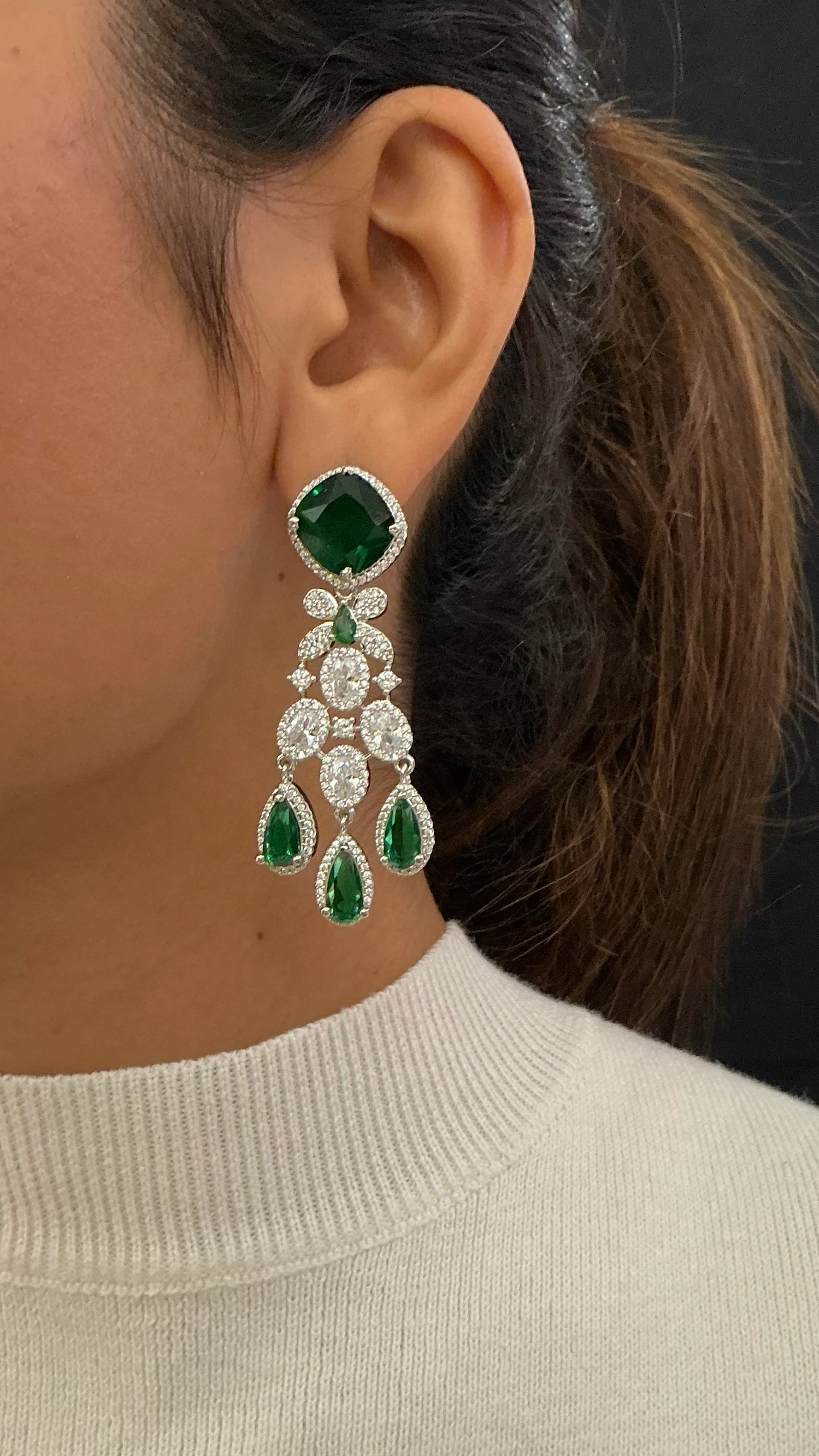 Emerald Green Floral Drop Necklace with Cushion Cut Center - Image 2