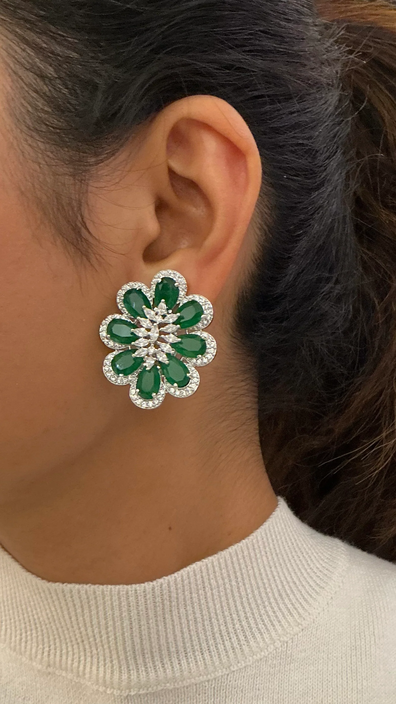 Emerald Green Floral Statement Necklace – Luxury Crystal Bloom Design in Silver Finish - Image 2