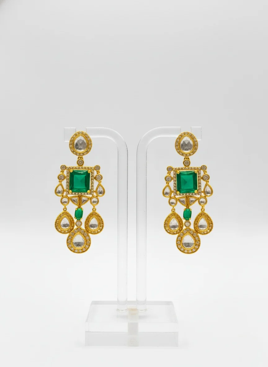 Emerald Green & Gold Heavy Kundan Bridal Necklace Set with Statement Earrings - Image 2