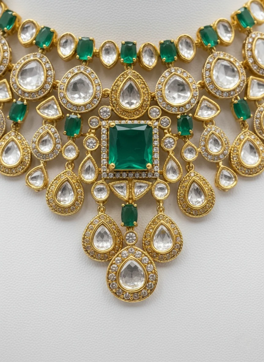 Emerald Green & Gold Heavy Kundan Bridal Necklace Set with Statement Earrings - Image 3