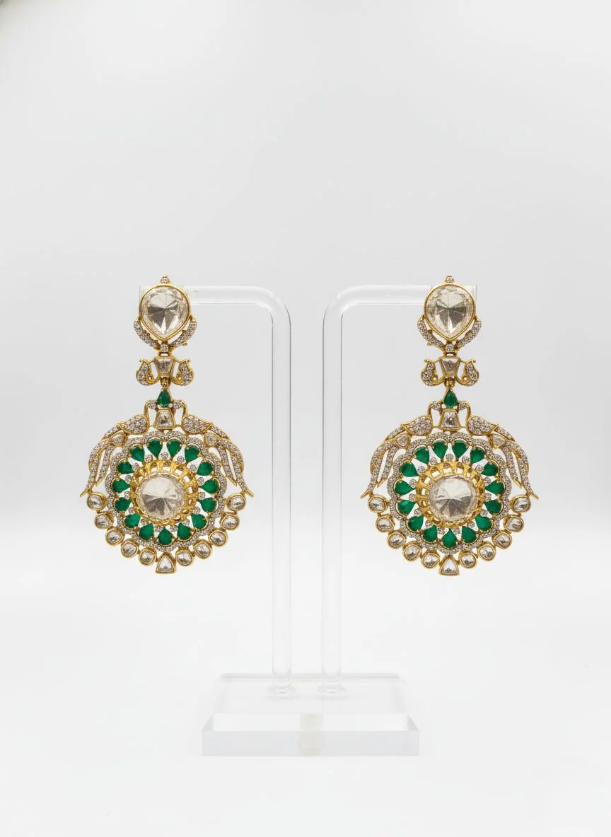 Emerald Green & Gold Heavy Kundan Bridal Necklace Set with Statement Earrings - Image 2