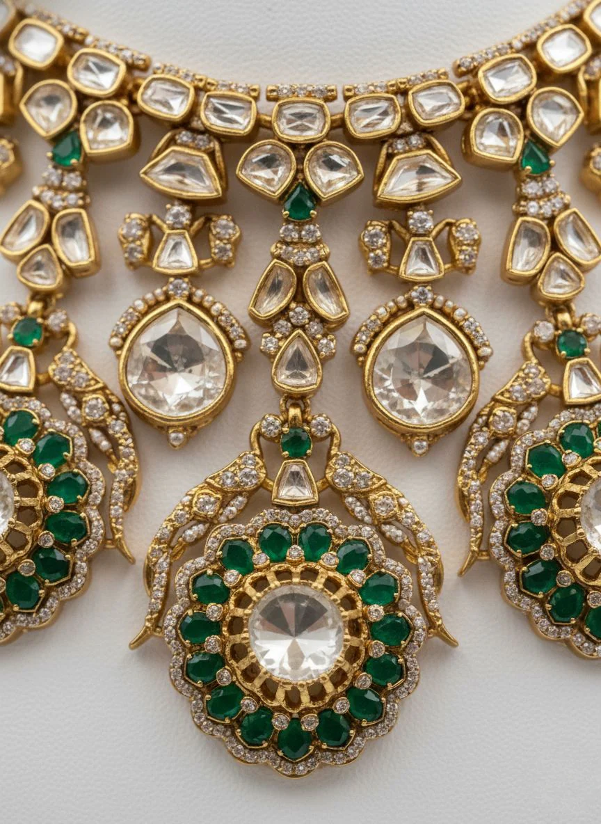Emerald Green & Gold Heavy Kundan Bridal Necklace Set with Statement Earrings - Image 3