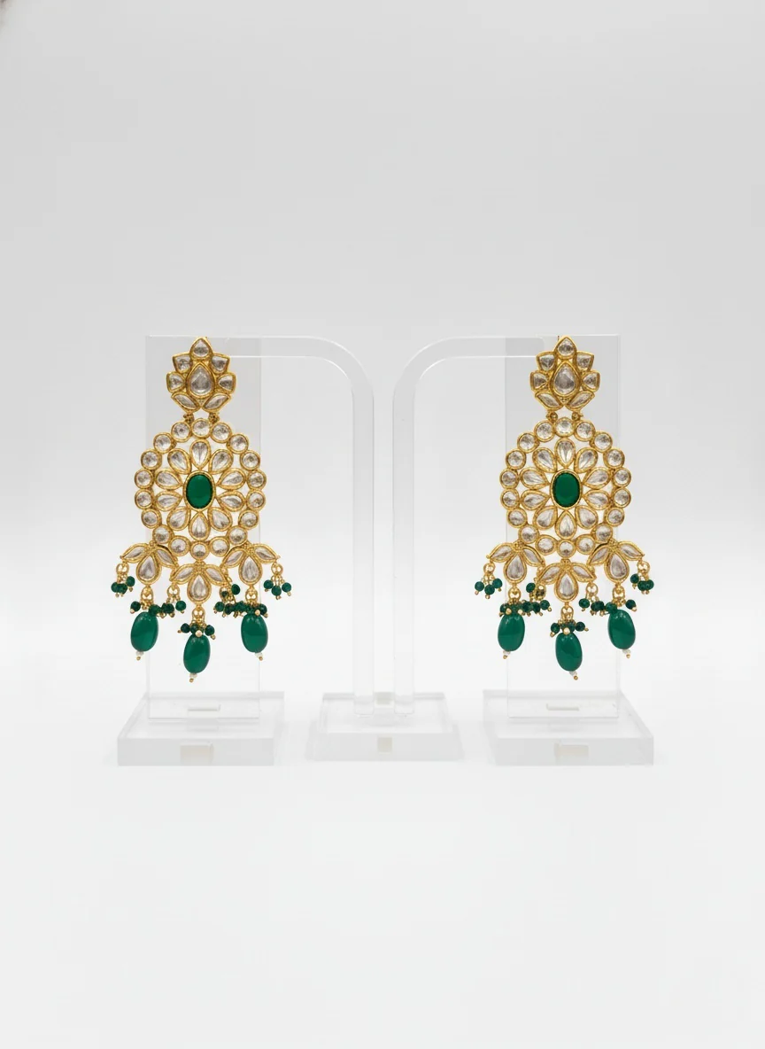 Emerald Green & Gold Heavy Kundan Floral Bridal Necklace Set with Statement Earrings - Image 2