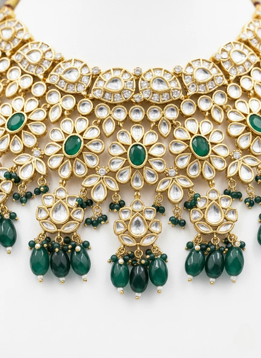 Emerald Green & Gold Heavy Kundan Floral Bridal Necklace Set with Statement Earrings - Image 3