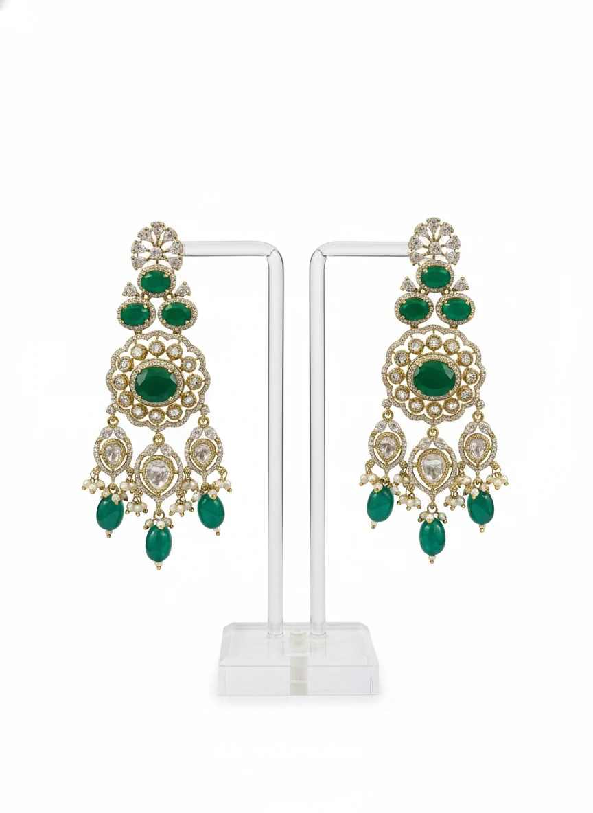 Emerald Green & Gold Kundan Bridal Choker Necklace Set with Heavy Earrings - Image 2