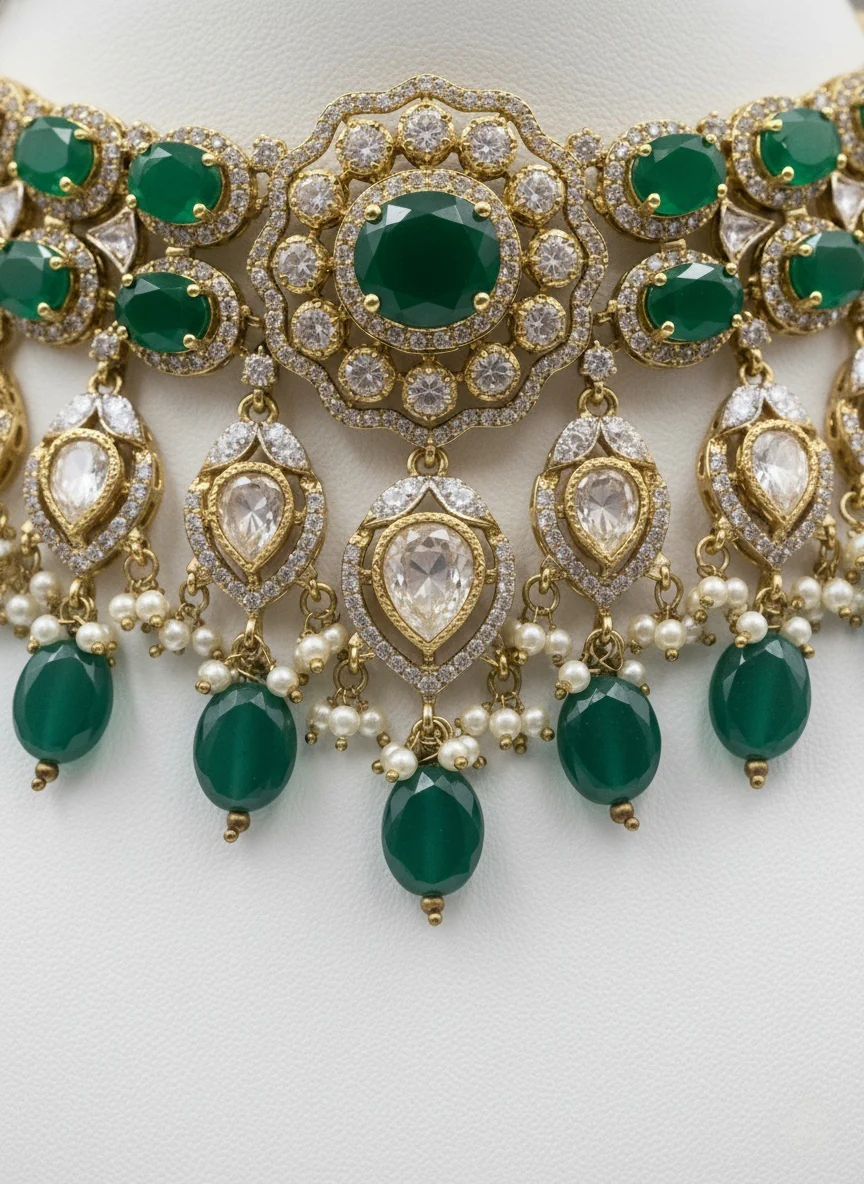Emerald Green & Gold Kundan Bridal Choker Necklace Set with Heavy Earrings - Image 3