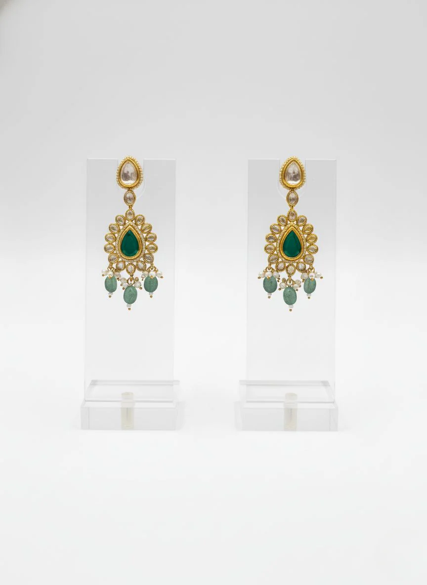Emerald Green & Gold Kundan Bridal Necklace Set with Pearl Drops - Image 2