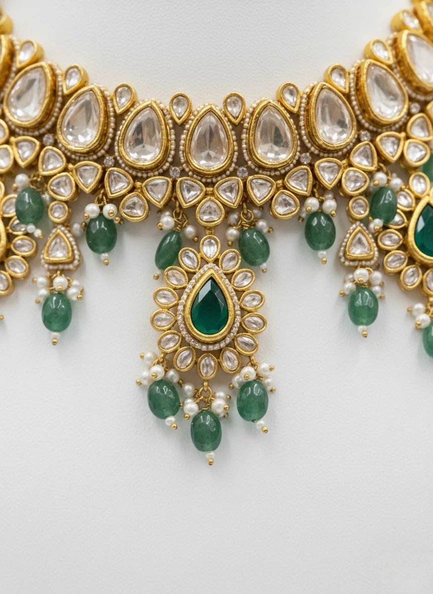 Emerald Green & Gold Kundan Bridal Necklace Set with Pearl Drops - Image 3