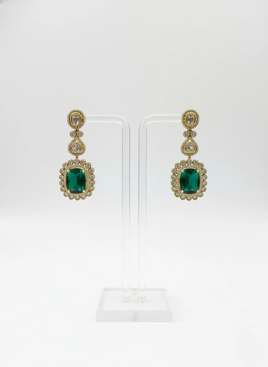 Emerald Green & Gold Royal Kundan Necklace Set with Statement Earrings - Image 2