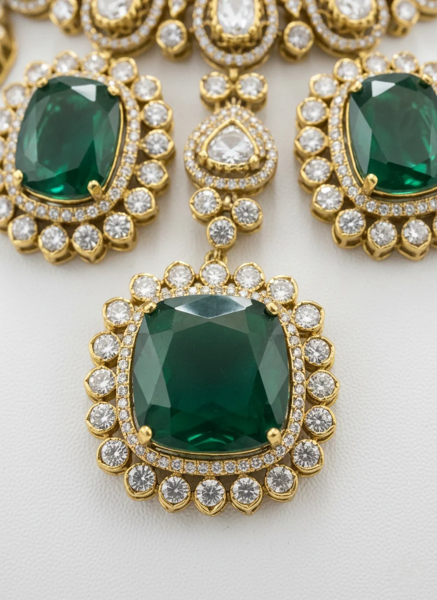 Emerald Green & Gold Royal Kundan Necklace Set with Statement Earrings - Image 3