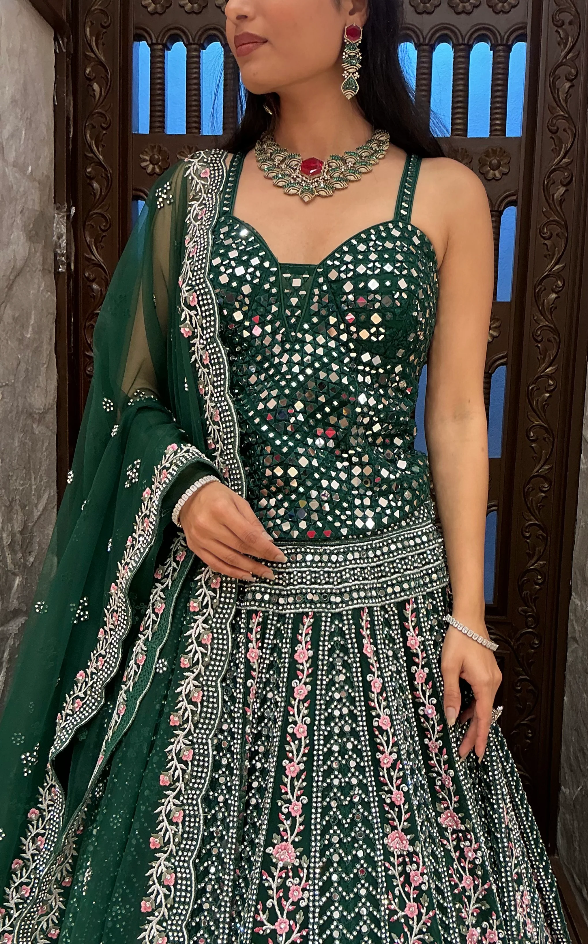 Emerald Green Heavy Embroidered Designer Lehenga Set with Dupatta - Image 2