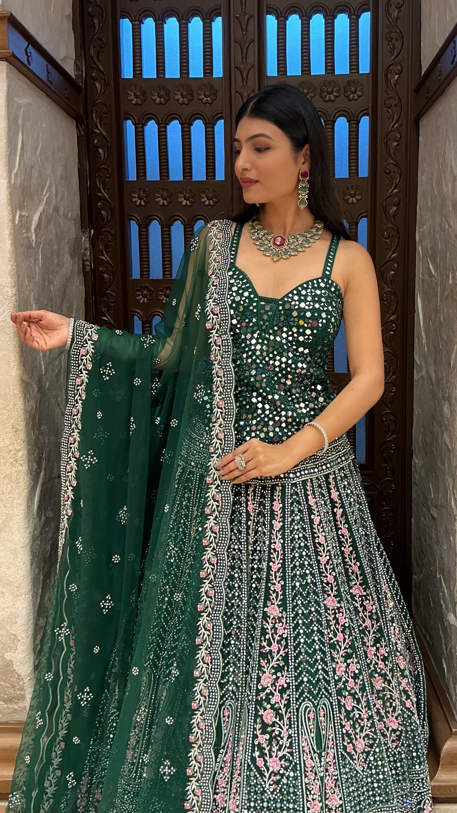 Emerald Green Heavy Embroidered Designer Lehenga Set with Dupatta - Image 3