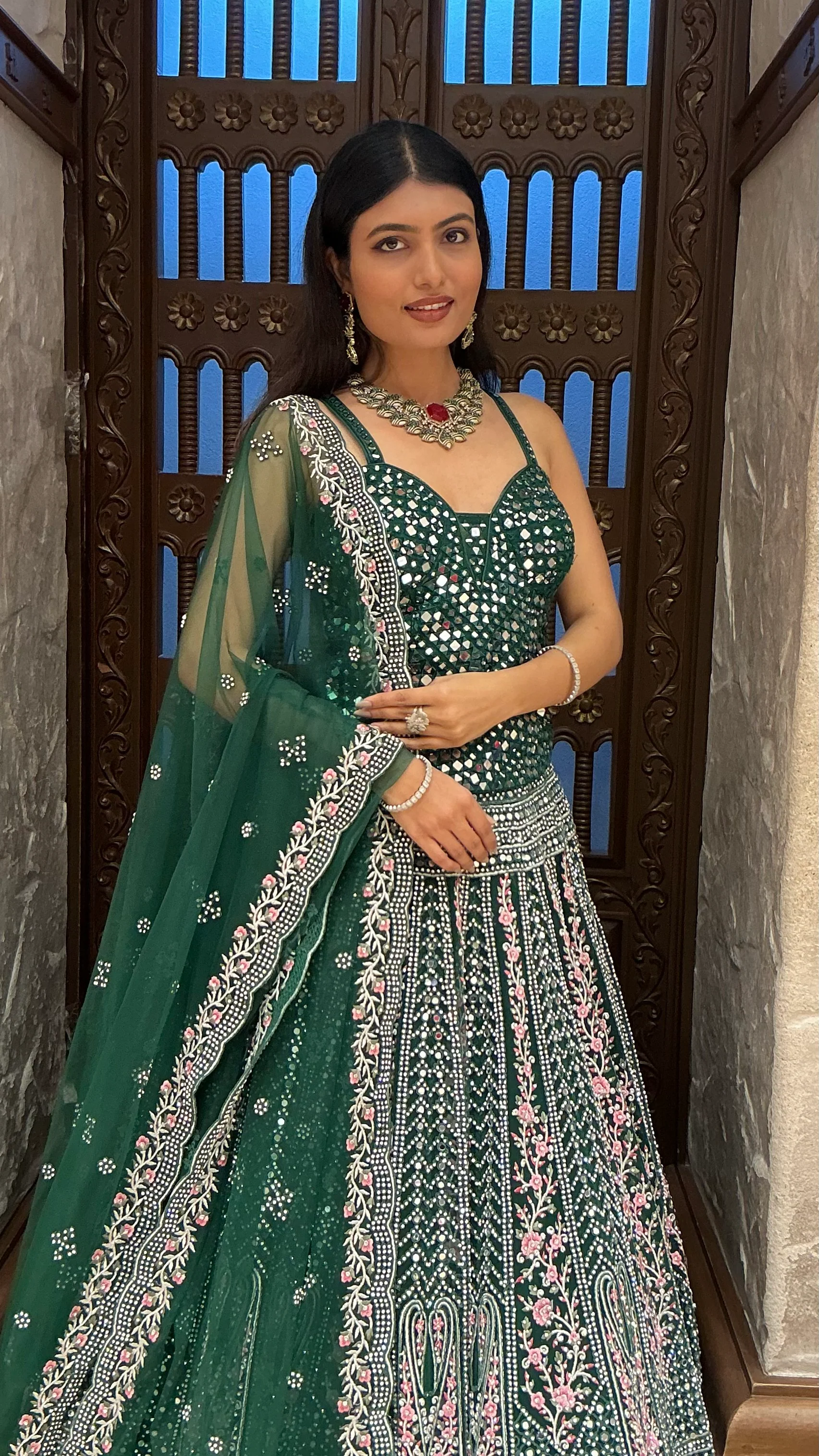 Emerald Green Heavy Embroidered Designer Lehenga Set with Dupatta - Image 4
