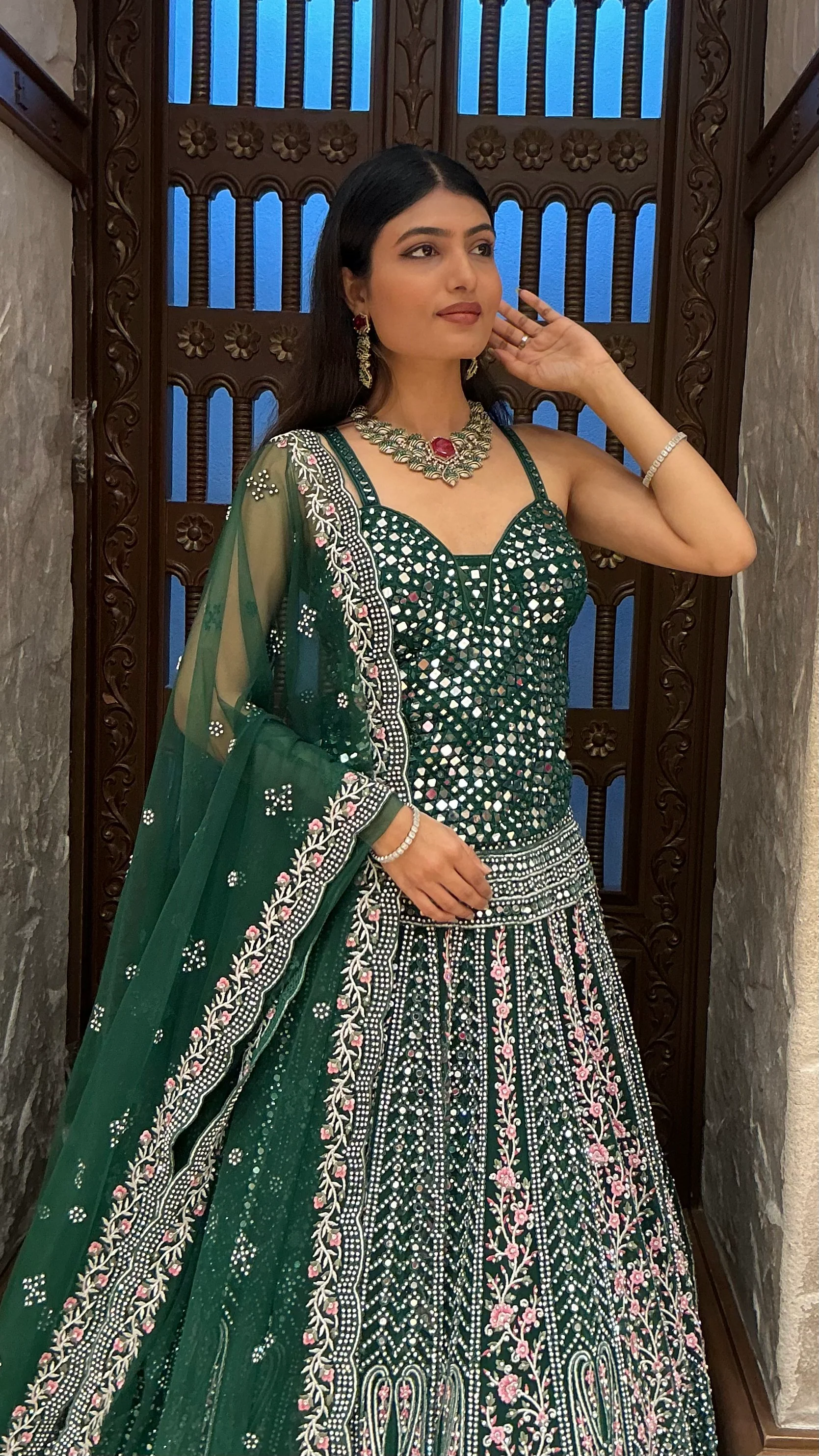 Emerald Green Heavy Embroidered Designer Lehenga Set with Dupatta - Image 5