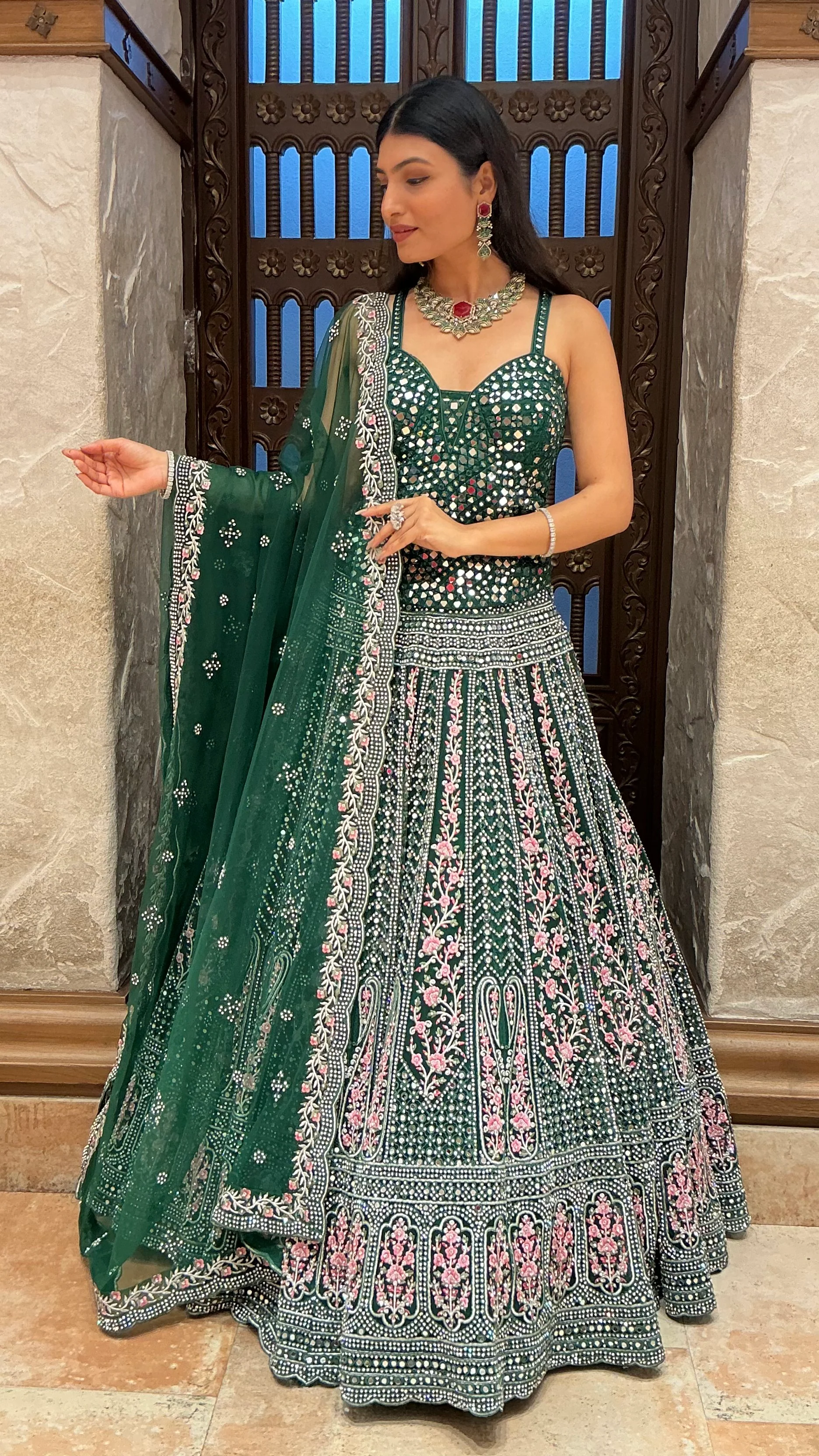 Emerald Green Heavy Embroidered Designer Lehenga Set with Dupatta - Image 6
