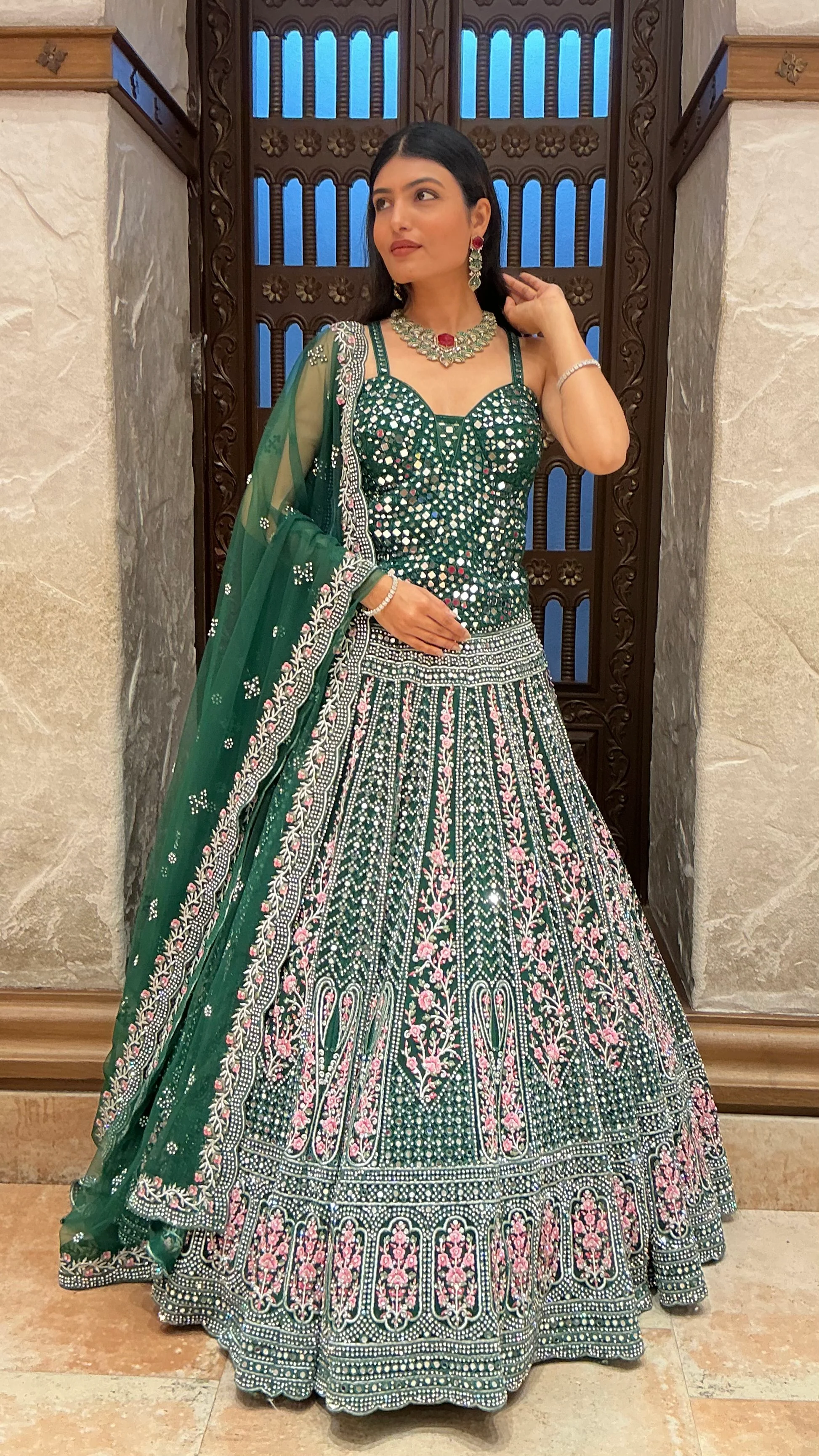 Emerald Green Heavy Embroidered Designer Lehenga Set with Dupatta - Image 7