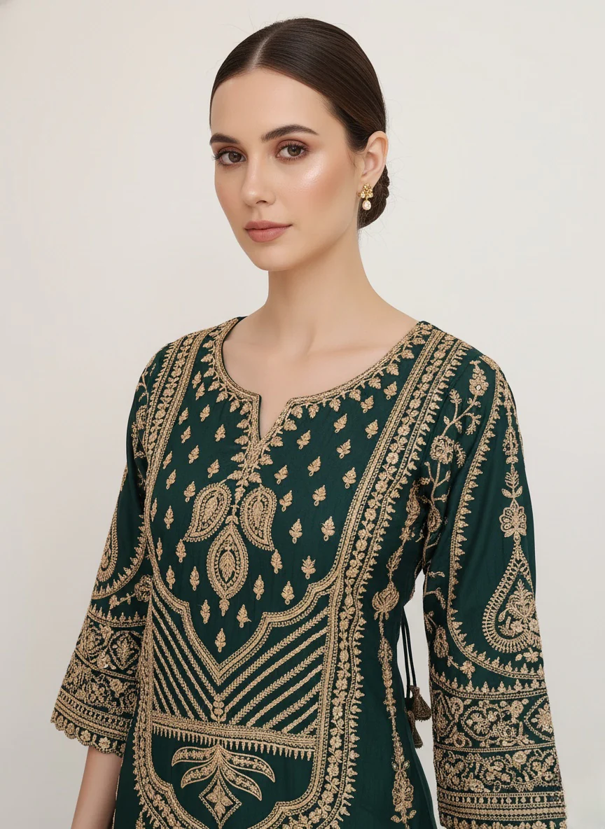 Emerald Green Heavy Embroidered Palazzo Suit with Dupatta - Image 2