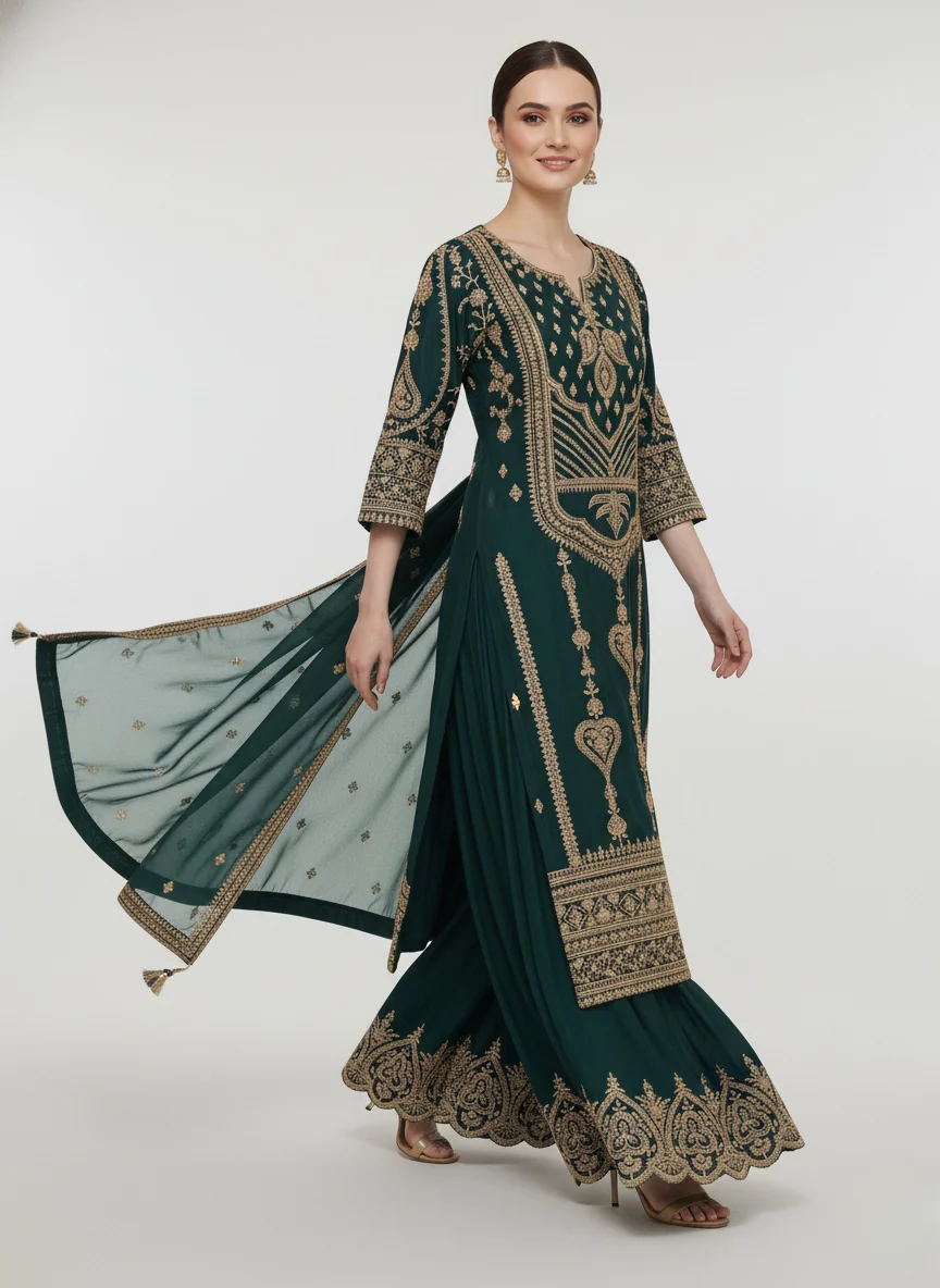 Emerald Green Heavy Embroidered Palazzo Suit with Dupatta - Image 3