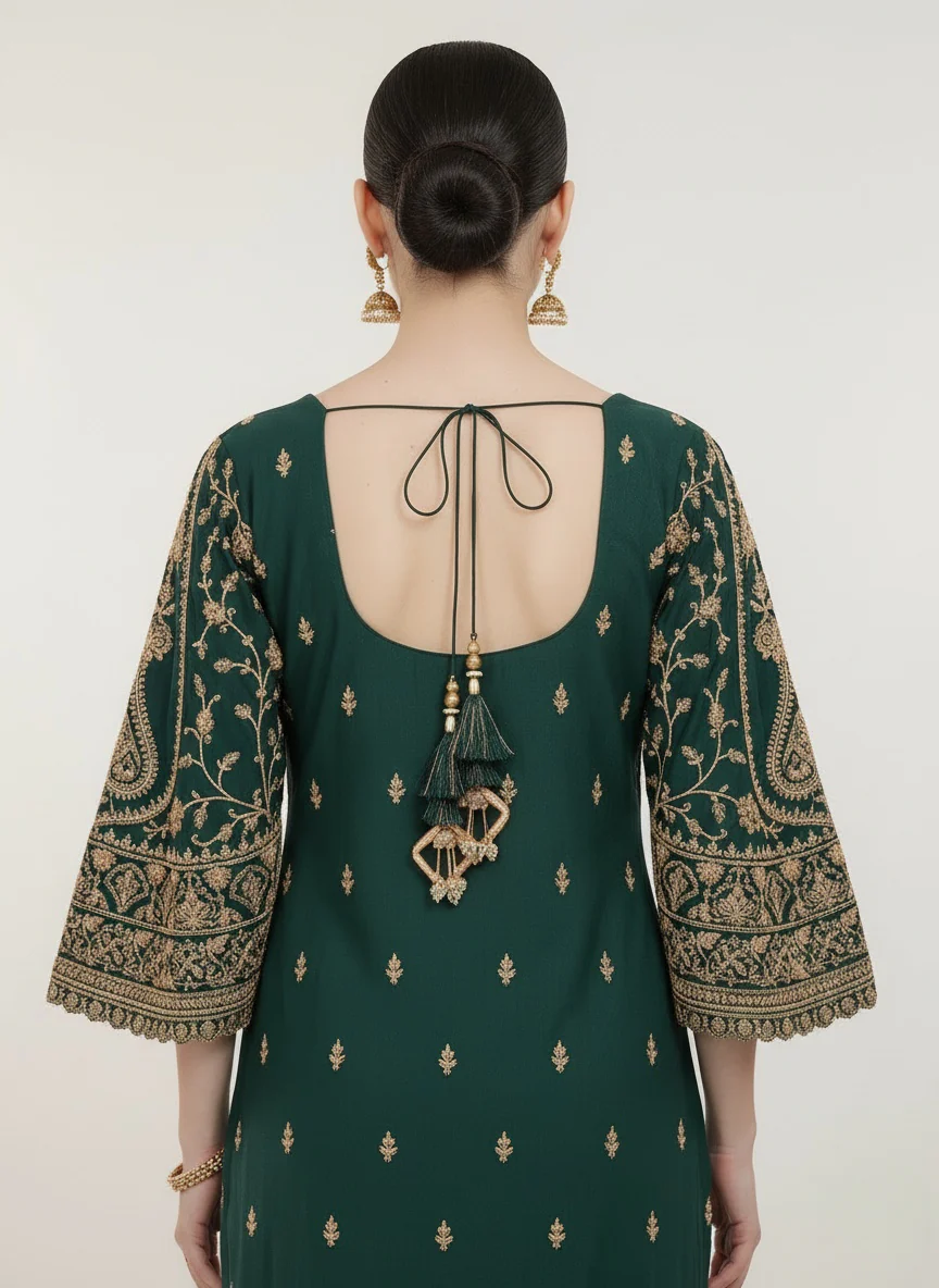 Emerald Green Heavy Embroidered Palazzo Suit with Dupatta - Image 4