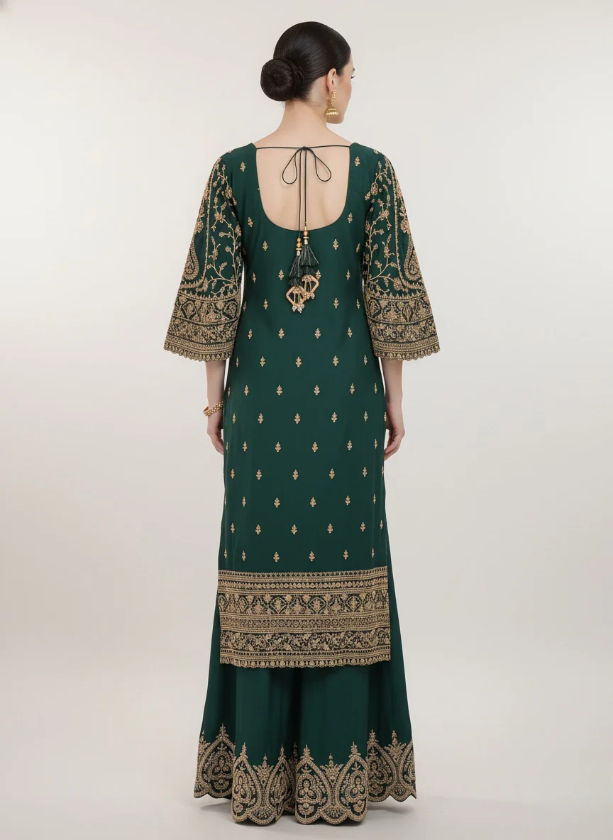 Emerald Green Heavy Embroidered Palazzo Suit with Dupatta - Image 5