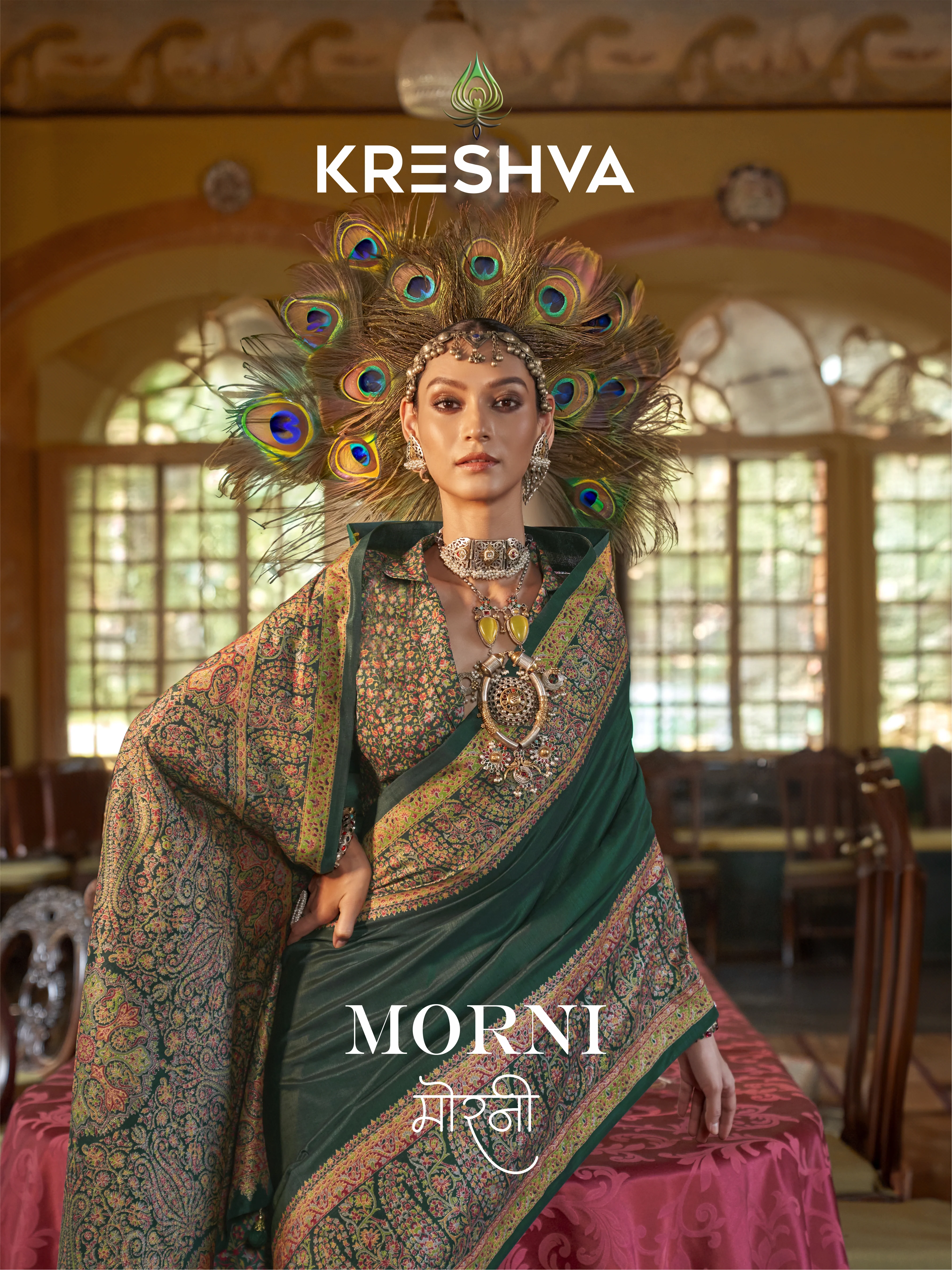 Emerald Green Heritage Pashmina Inspired Designer Saree with Intricate Paisley Border - Image 2