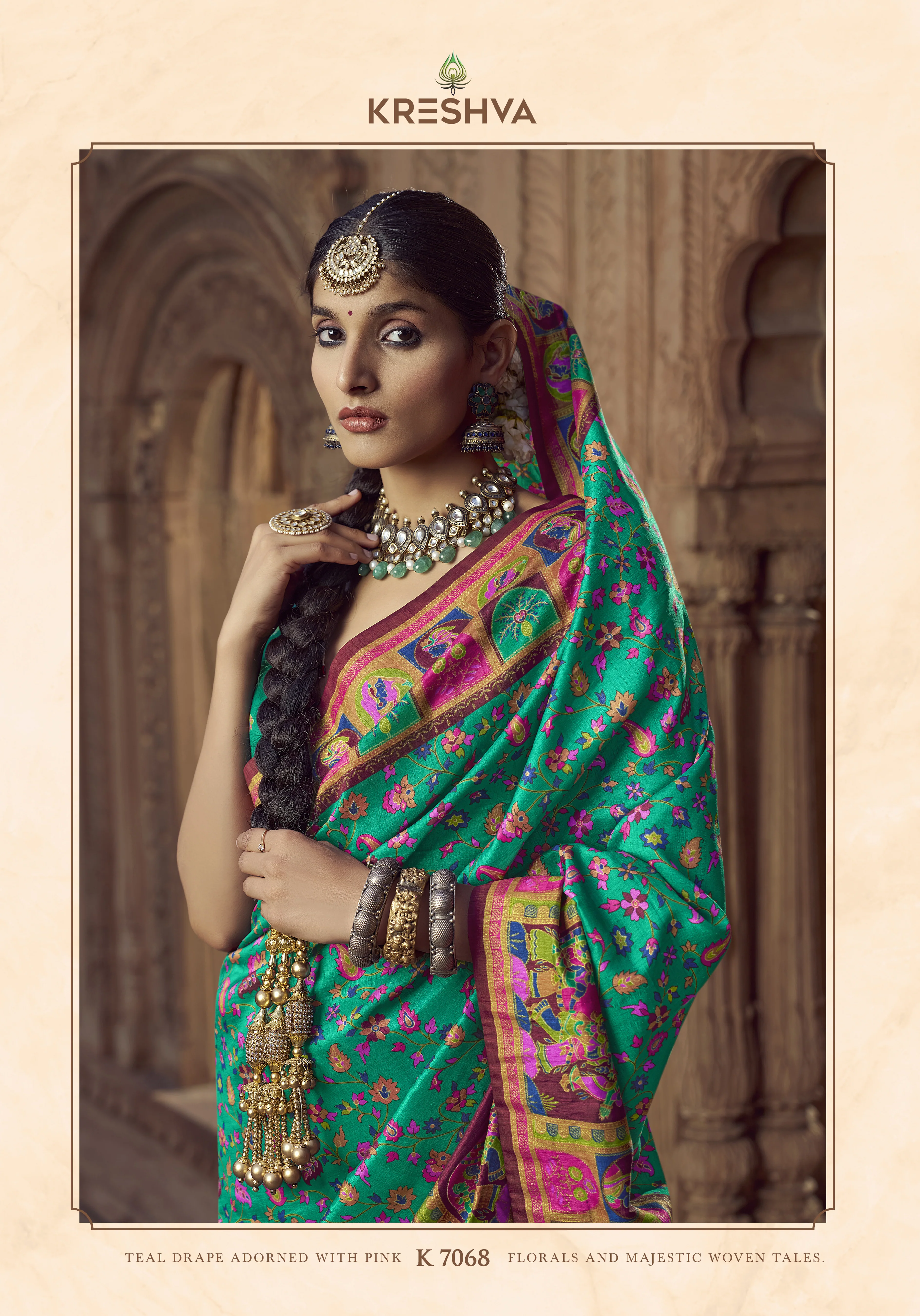 Emerald Green Heritage Pashmina Printed Saree with Magenta Border & Folk Motifs - Image 2