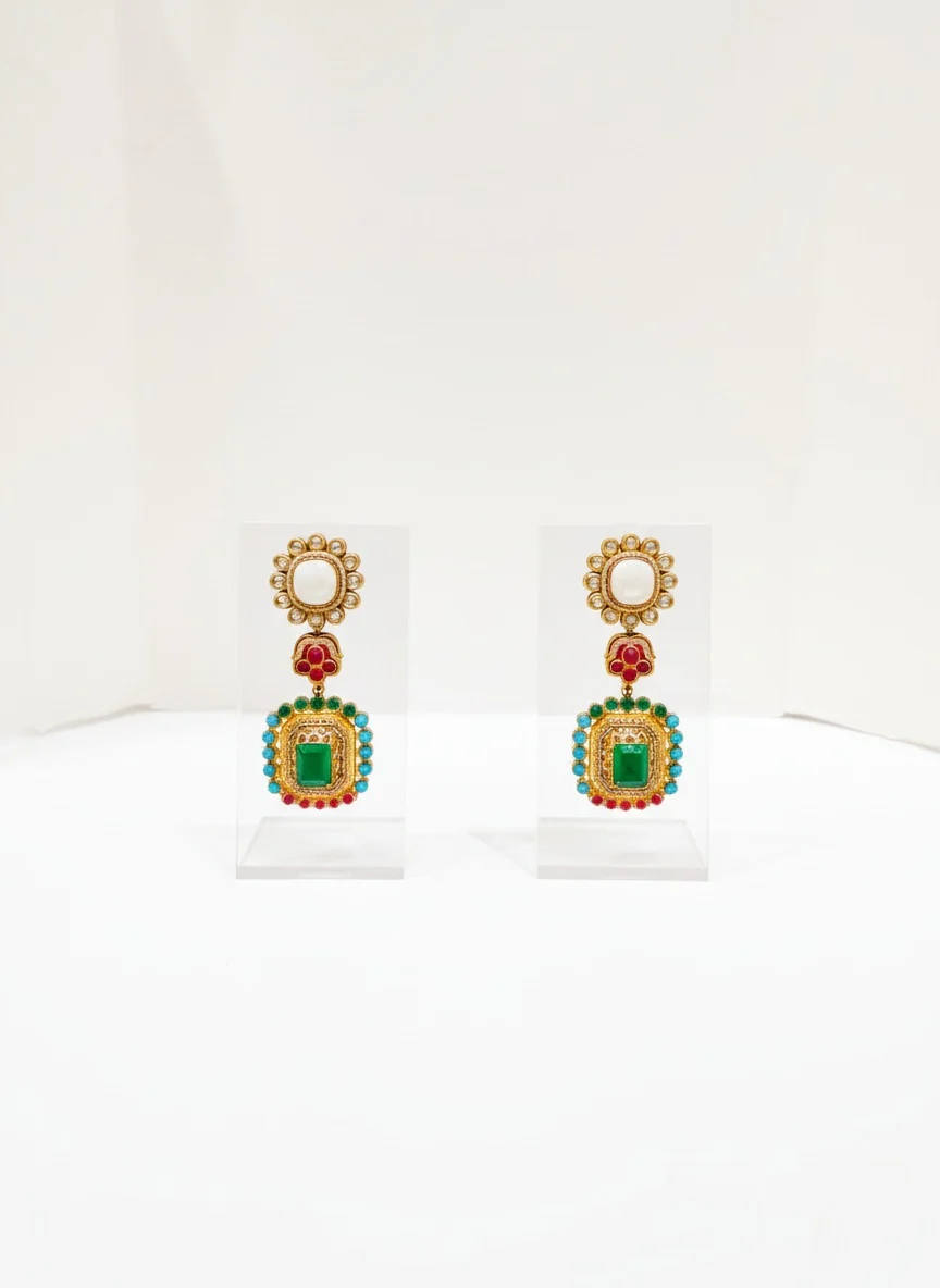 Emerald Green Kundan and Meenakari Long Necklace Set with Multicolor Detailing - Image 2