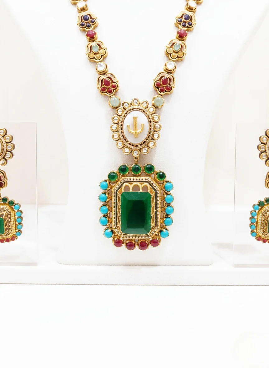 Emerald Green Kundan and Meenakari Long Necklace Set with Multicolor Detailing - Image 3