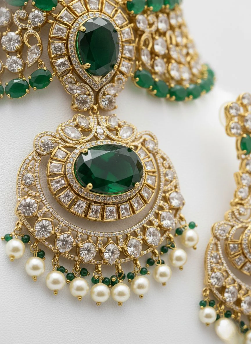 Emerald Green Kundan Heavy Bridal Choker Necklace Set with Statement Earrings - Image 3