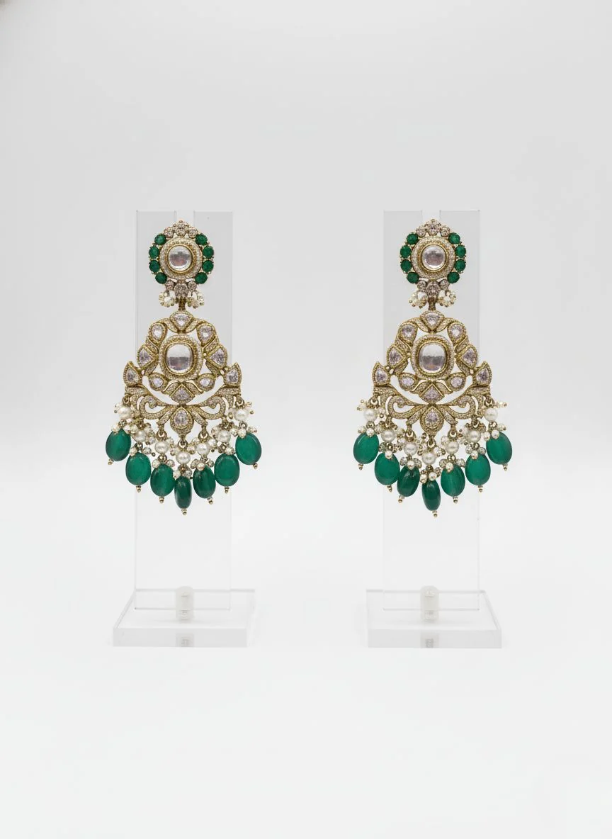 Emerald Green & Kundan Heavy Bridal Necklace Set with Chandbali Earrings - Image 2