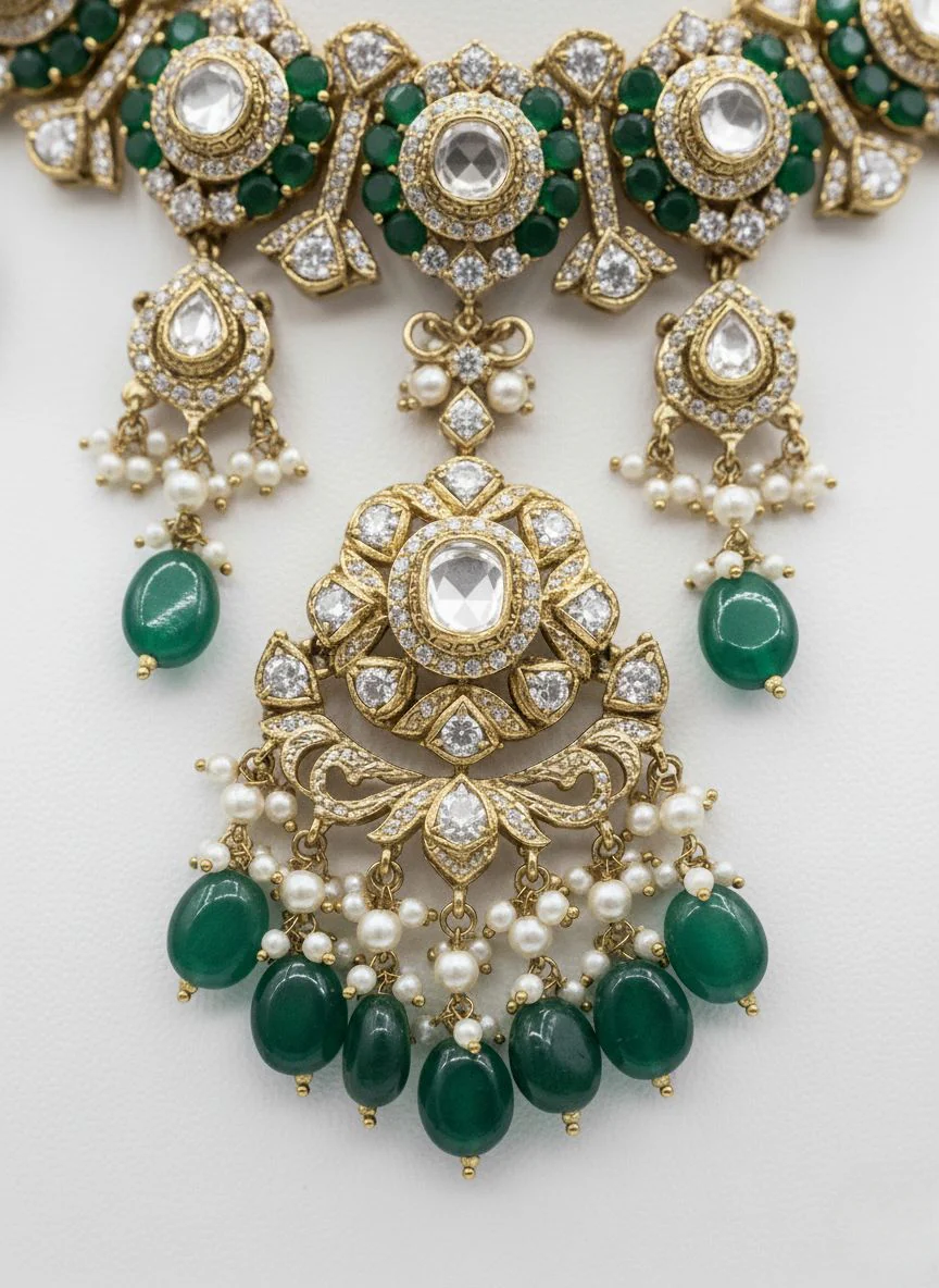 Emerald Green & Kundan Heavy Bridal Necklace Set with Chandbali Earrings - Image 3