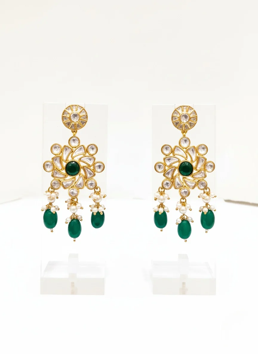 Emerald Green Kundan Polki Necklace Set with Pearls – Luxe Heritage Bridal Jewelry - Image 2