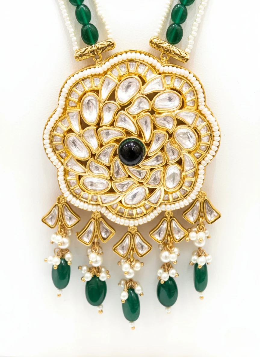 Emerald Green Kundan Polki Necklace Set with Pearls – Luxe Heritage Bridal Jewelry - Image 3